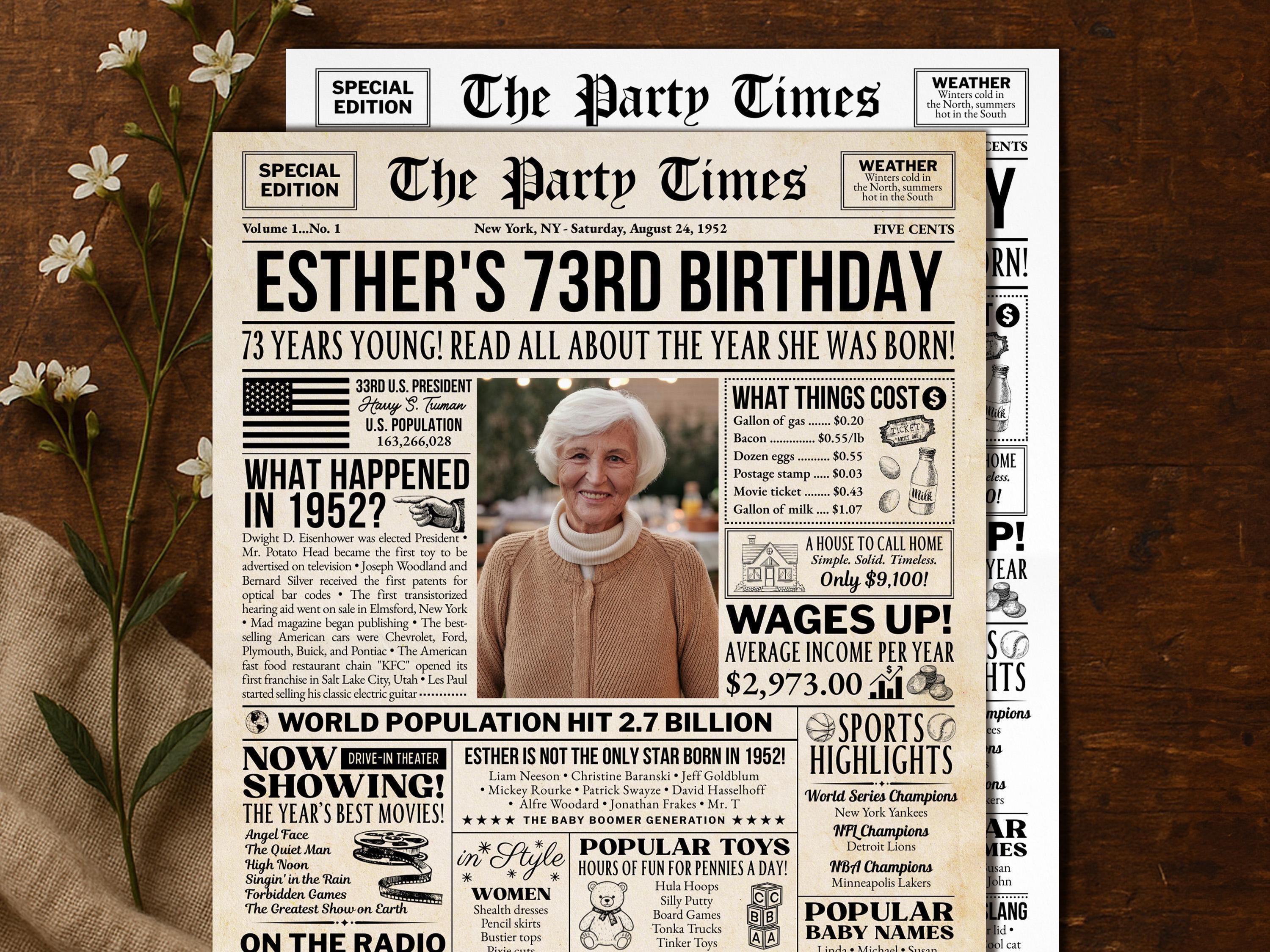 73rd Birthday Newspaper Poster, Flashback to 1952, Year You Were Born 73rd Birthday Sign, Gift for Mom or Dad Printable, Edit With Canva