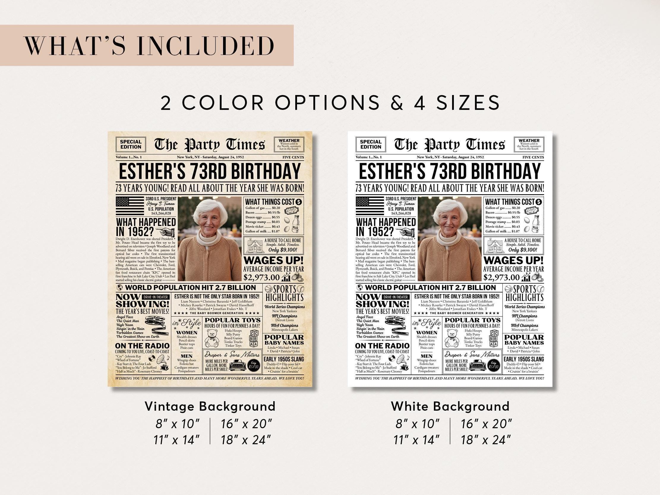73rd Birthday Newspaper Poster, Flashback to 1952, Year You Were Born 73rd Birthday Sign, Gift for Mom or Dad Printable, Edit With Canva
