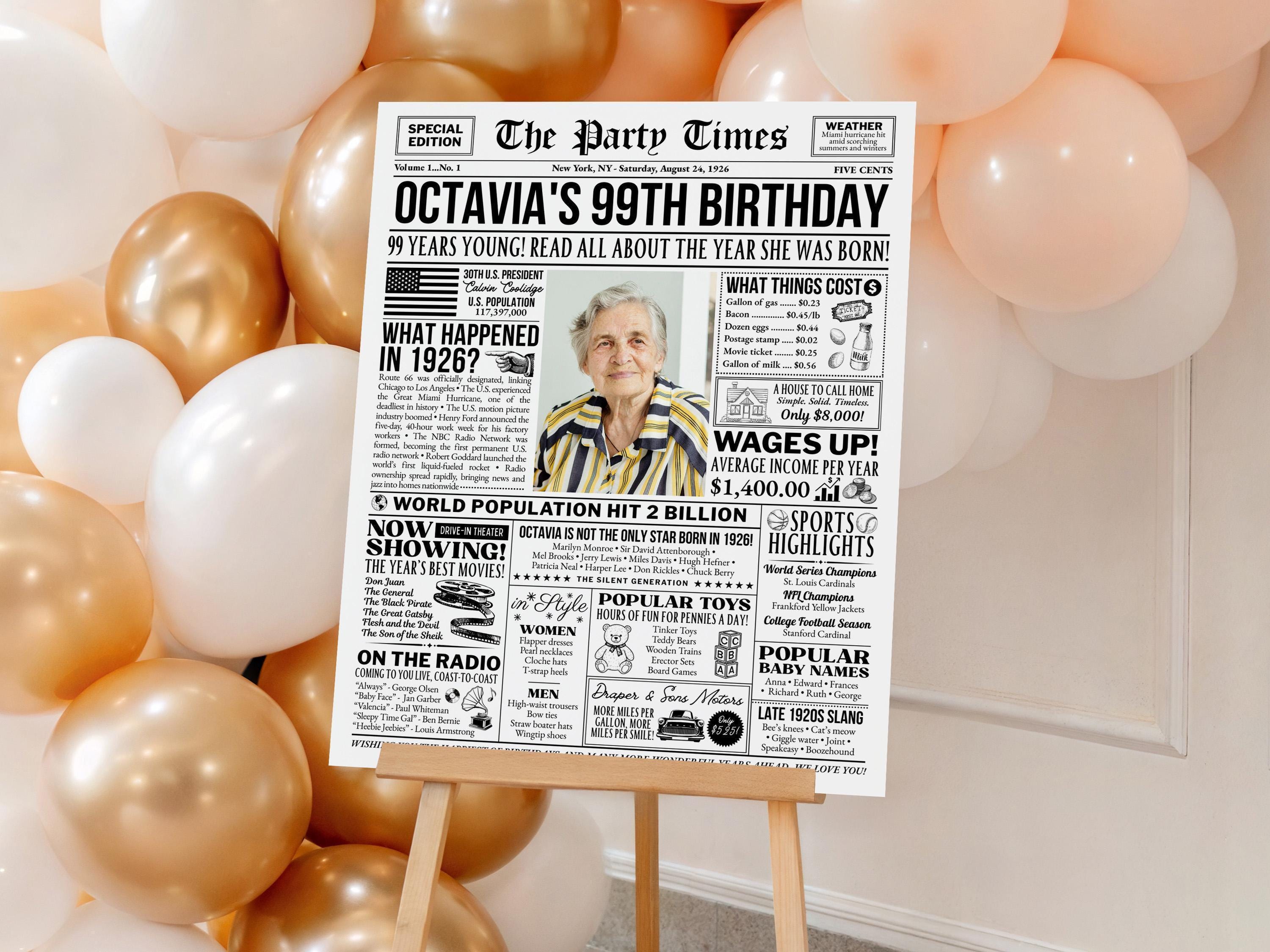 99th Birthday Newspaper Poster Sign, Back in 1926 USA Fun Facts Party Sign, Editable Vintage Style Birthday Decoration, Edit With Canva