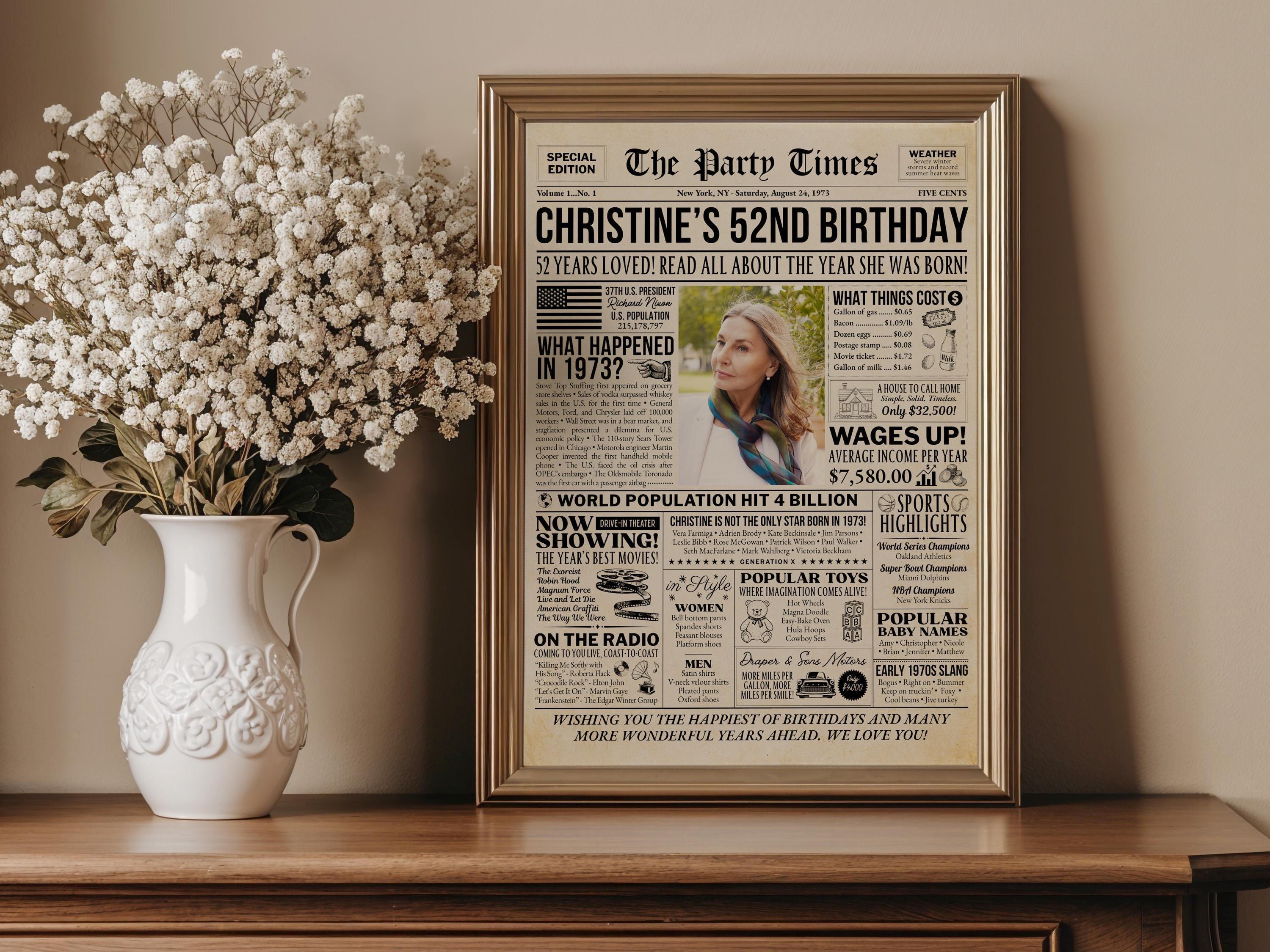 52nd Birthday Gift, Born in 1973 Newspaper Poster, Vintage Style Print, Personalized Birthday Decoration, Wall Art Keepsake, Edit With Canva