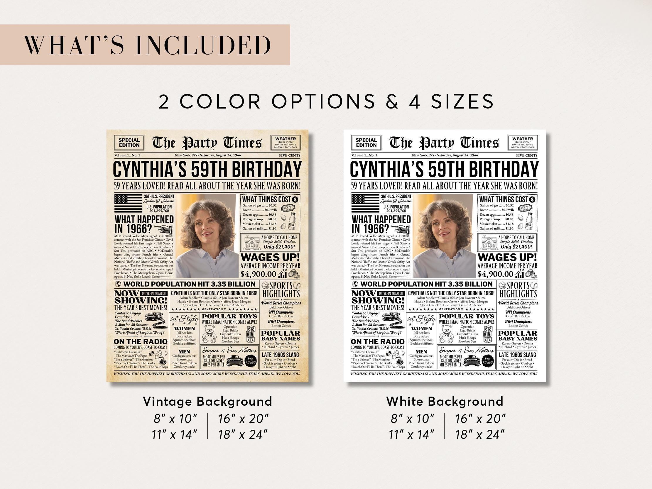 59th Birthday Newspaper Poster Sign, Back in 1966 USA Fun Facts Party Sign, Editable Vintage Style Birthday Decoration, Edit With Canva