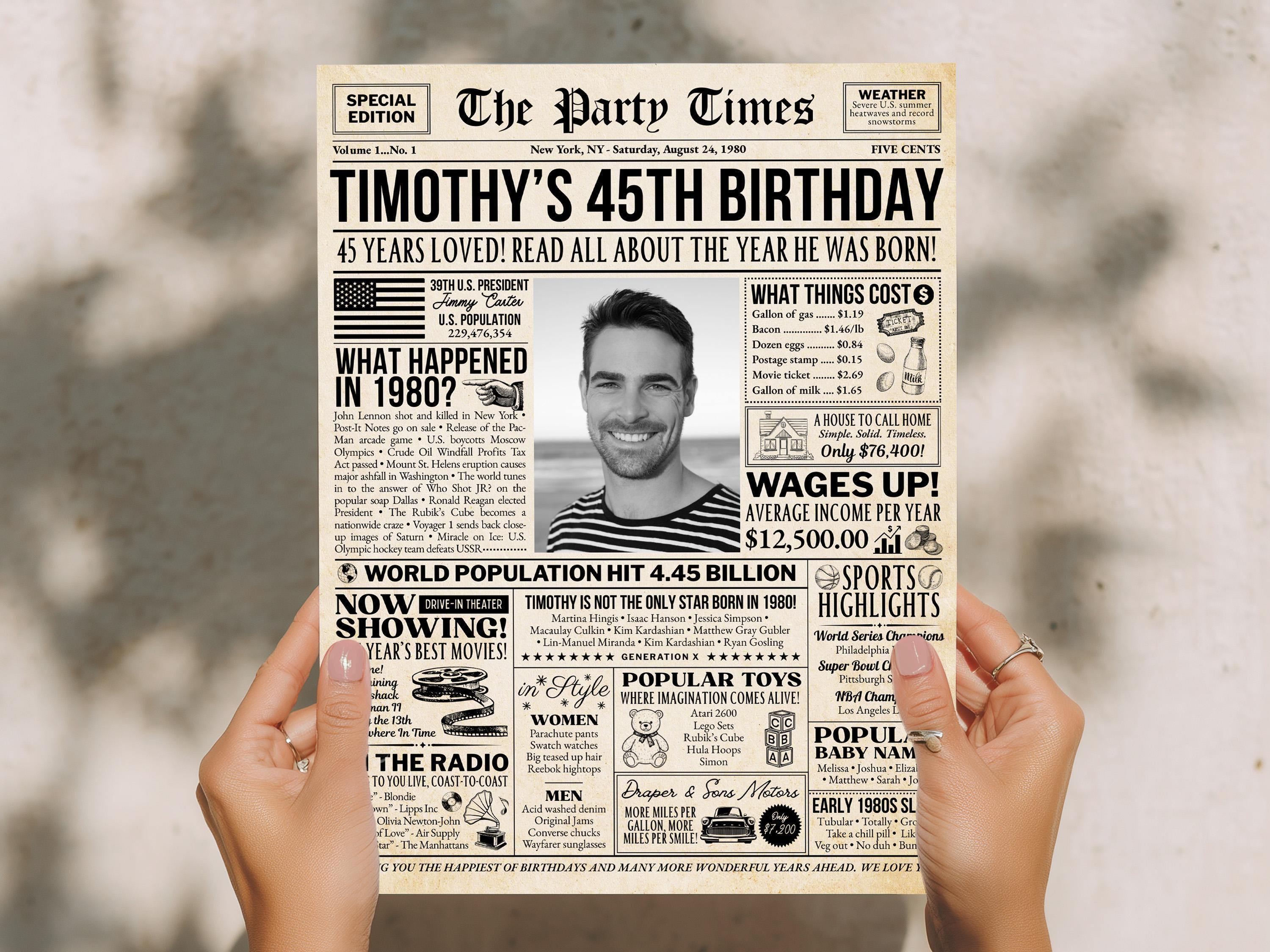 45th Birthday Newspaper Poster, Flashback to 1980, Year You Were Born, 45th Birthday Photo Welcome Trivia Sign Printable, Edit With Canva