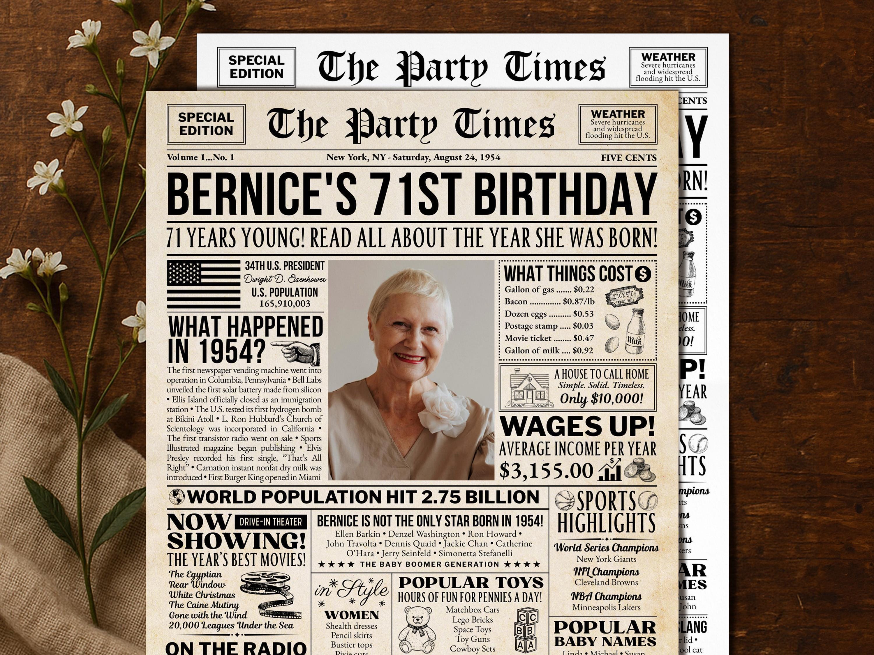 71st Birthday Gift, Back in 1954 Newspaper Poster, Editable Personalized Gift For Grandma, USA Historical Facts Printable, Edit With Canva