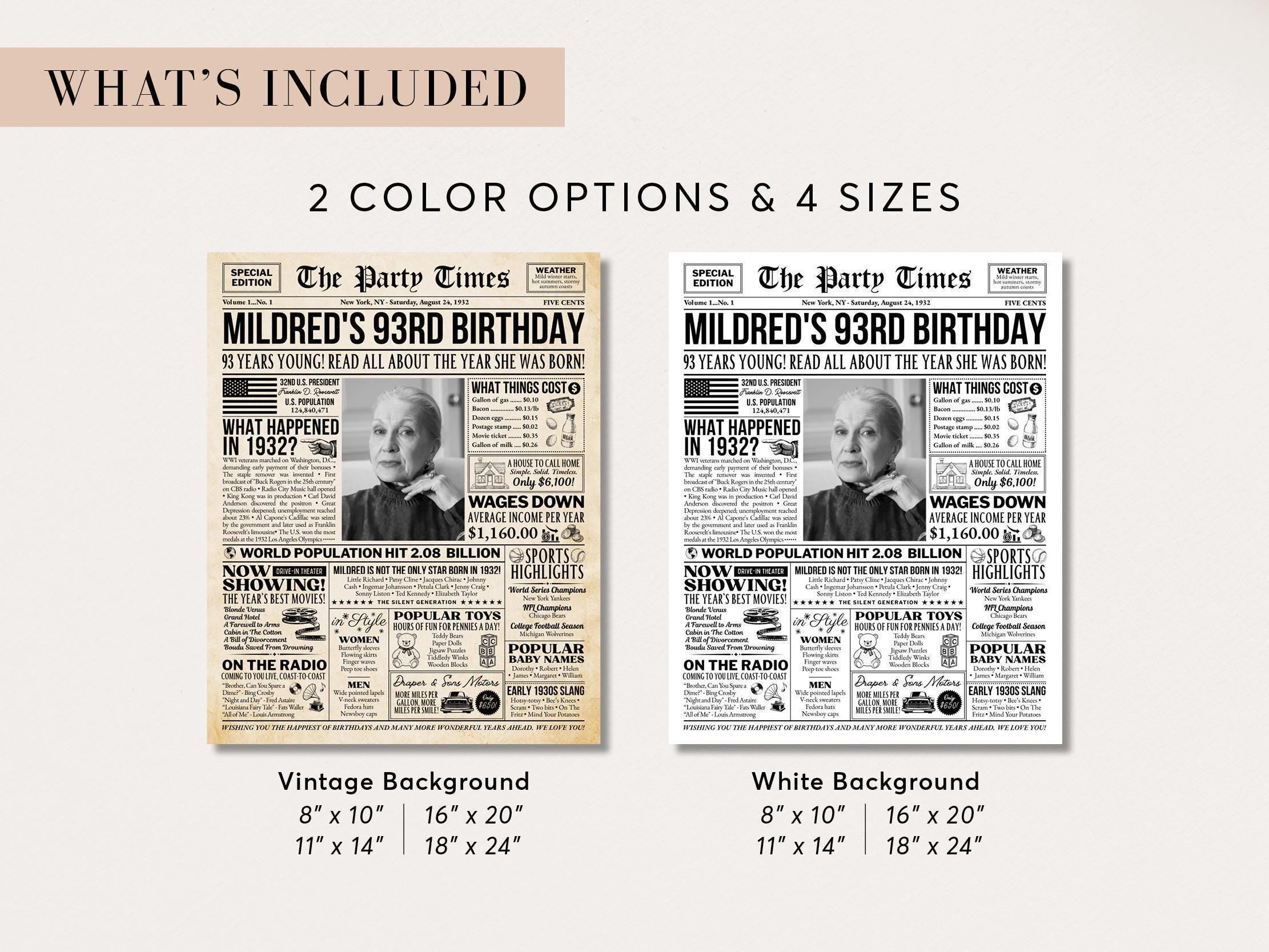 93rd Birthday Newspaper Poster Sign, Back in 1932 USA Fun Facts Party Sign, Editable Vintage Style Birthday Decoration, Edit With Canva