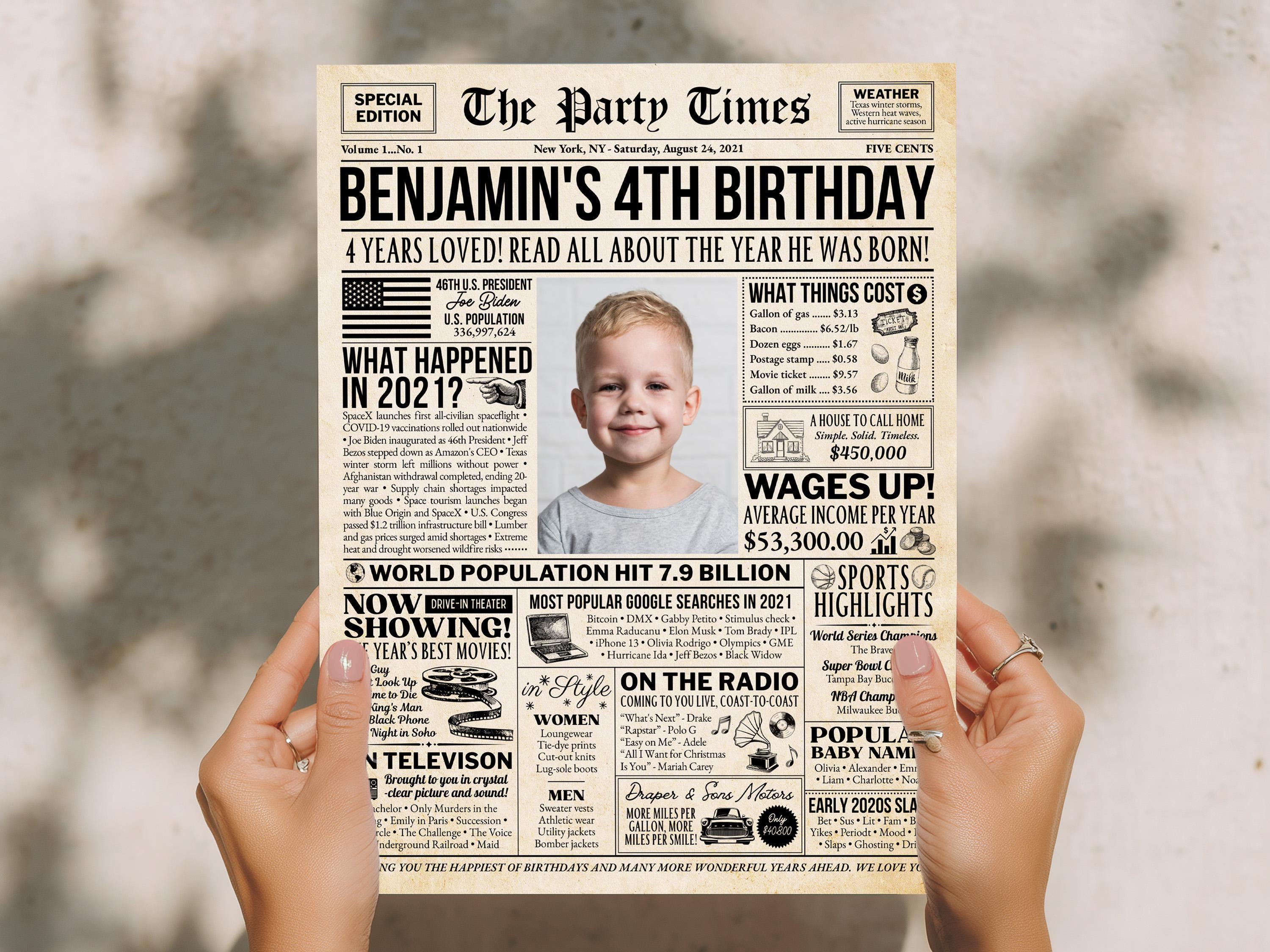 4th Birthday Newspaper Poster, Back in 2021 Sign, Editable 4 Years Loved, Born In Any Year, Photo Welcome Sign Printable, Edit With Canva