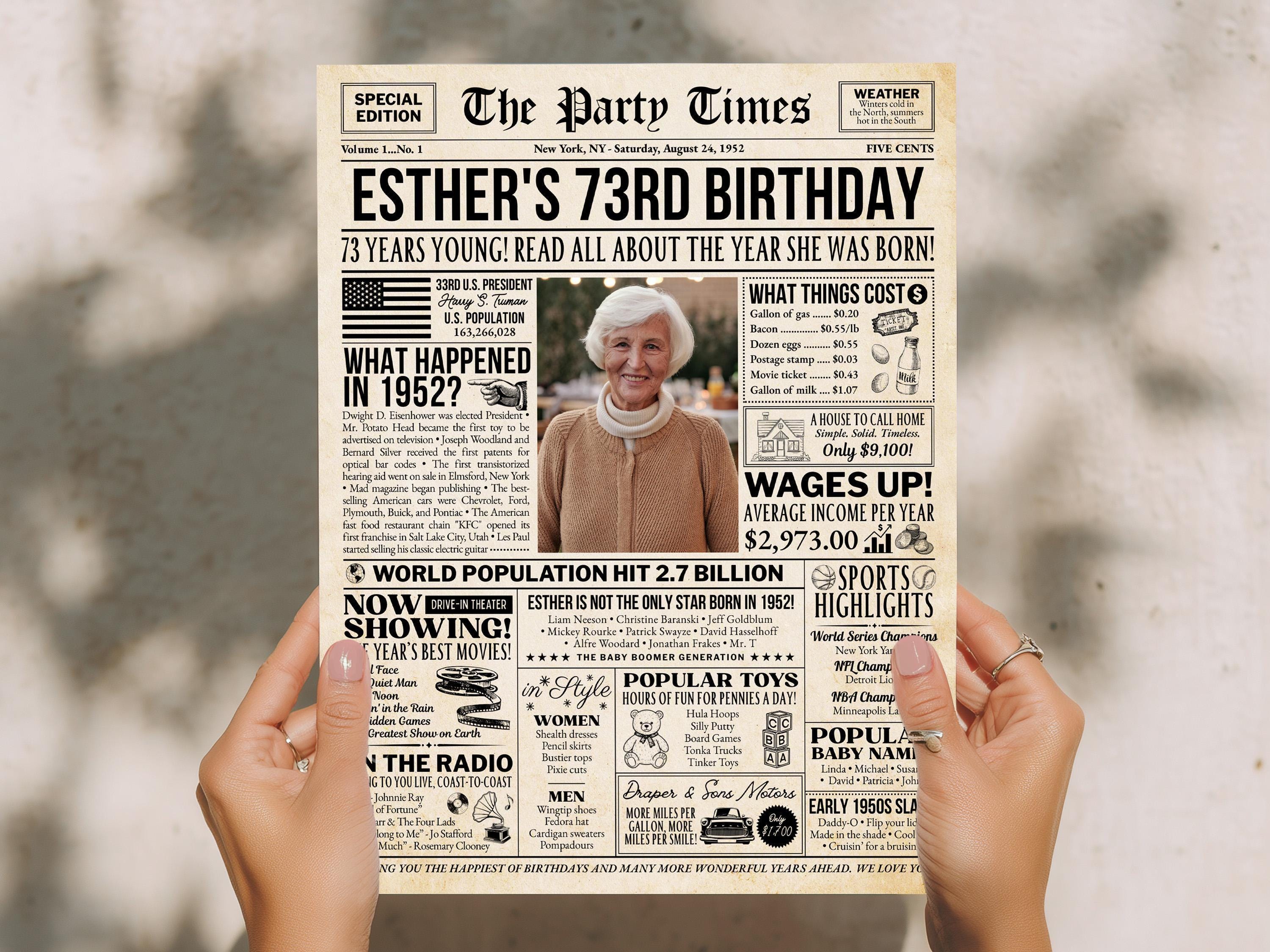 73rd Birthday Newspaper Poster, Flashback to 1952, Year You Were Born 73rd Birthday Sign, Gift for Mom or Dad Printable, Edit With Canva