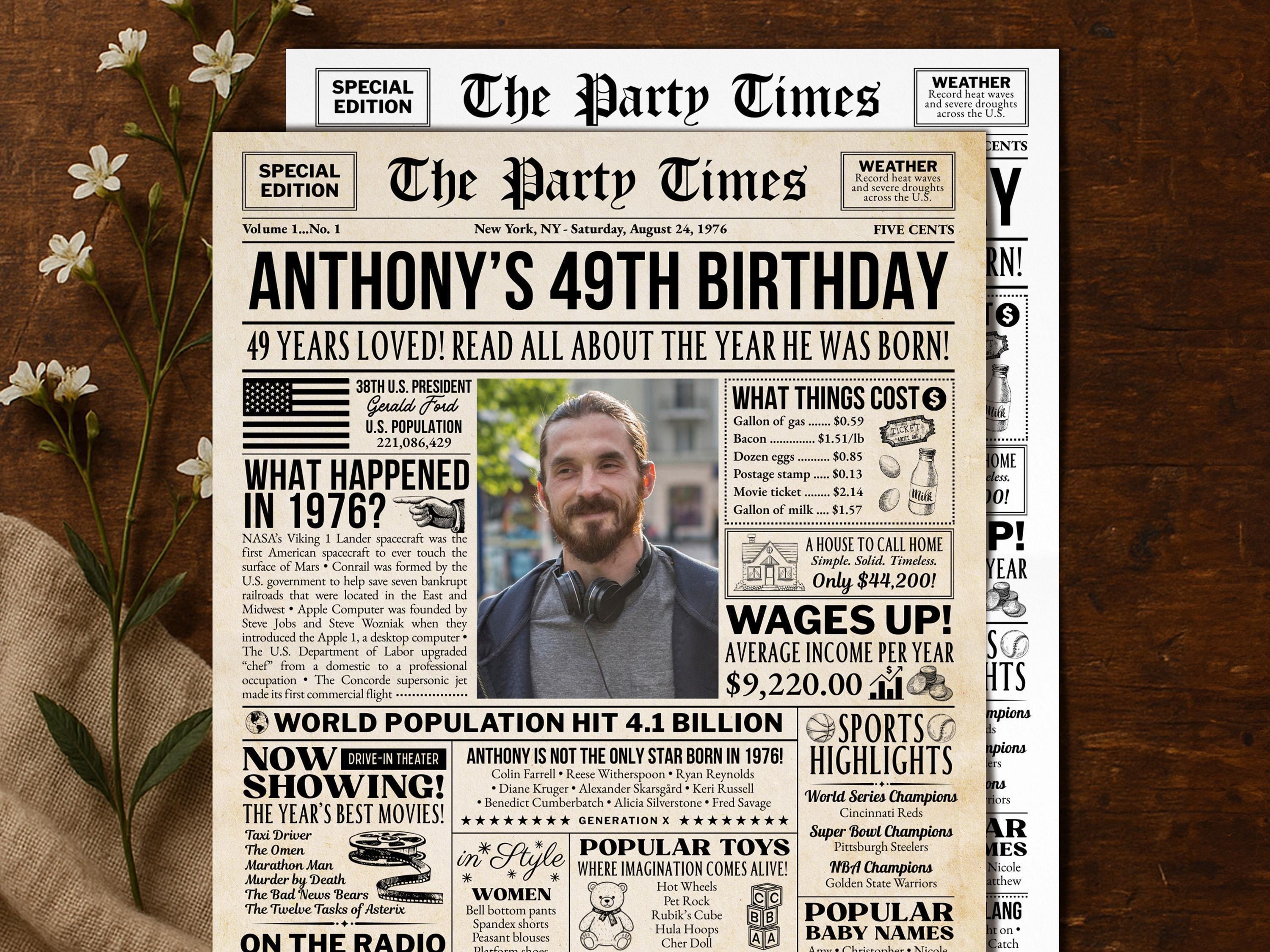 Vintage 1976 Newspaper Poster, 49th Birthday Gift, Unique Retro Personalized Birthday Print, Party Decoration Keepsake, Edit With Canva
