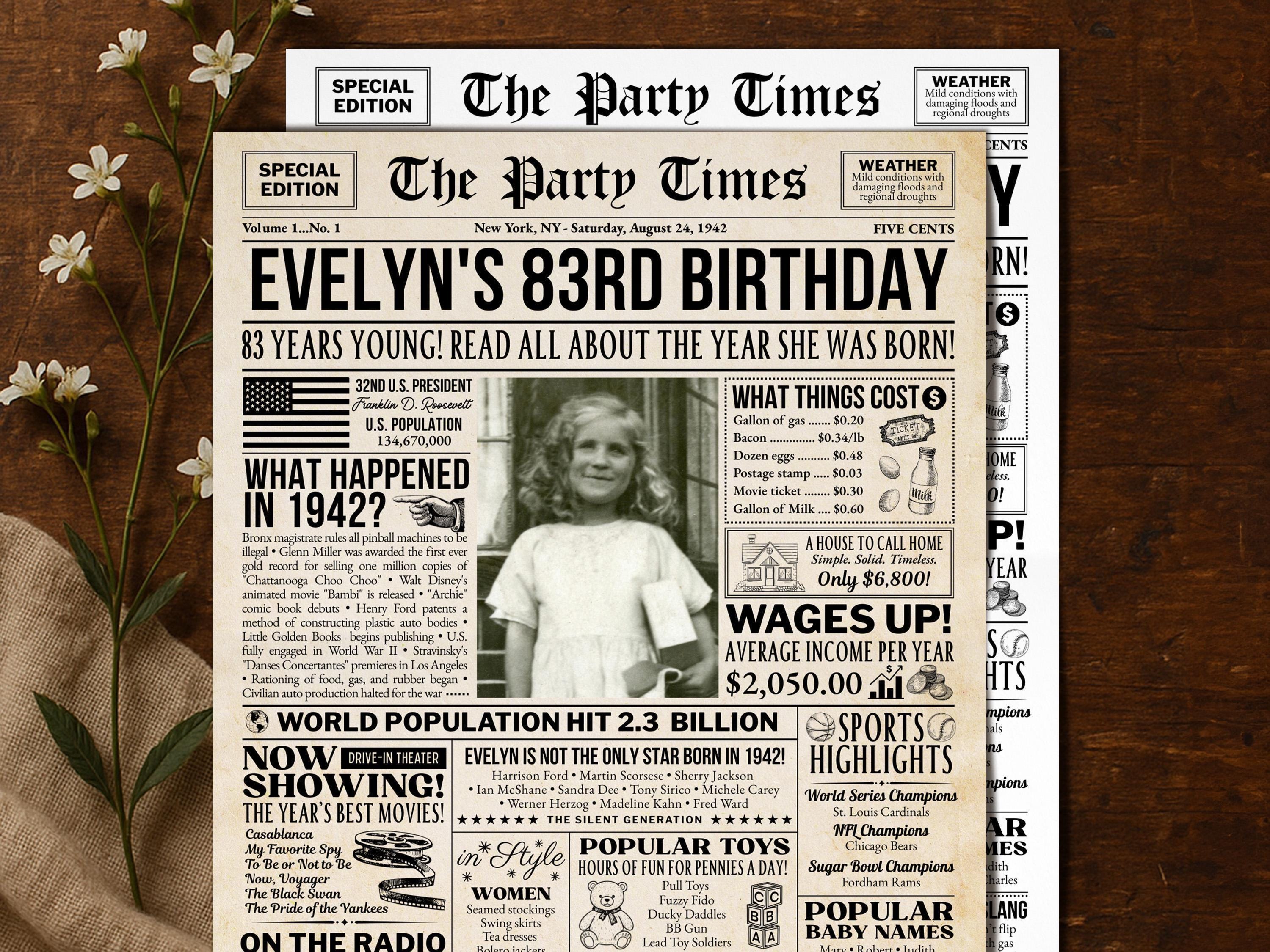 83rd Birthday Newspaper Poster Sign, Back in 1942 USA Fun Facts Party Sign, Editable Vintage Style Birthday Decoration, Edit With Canva