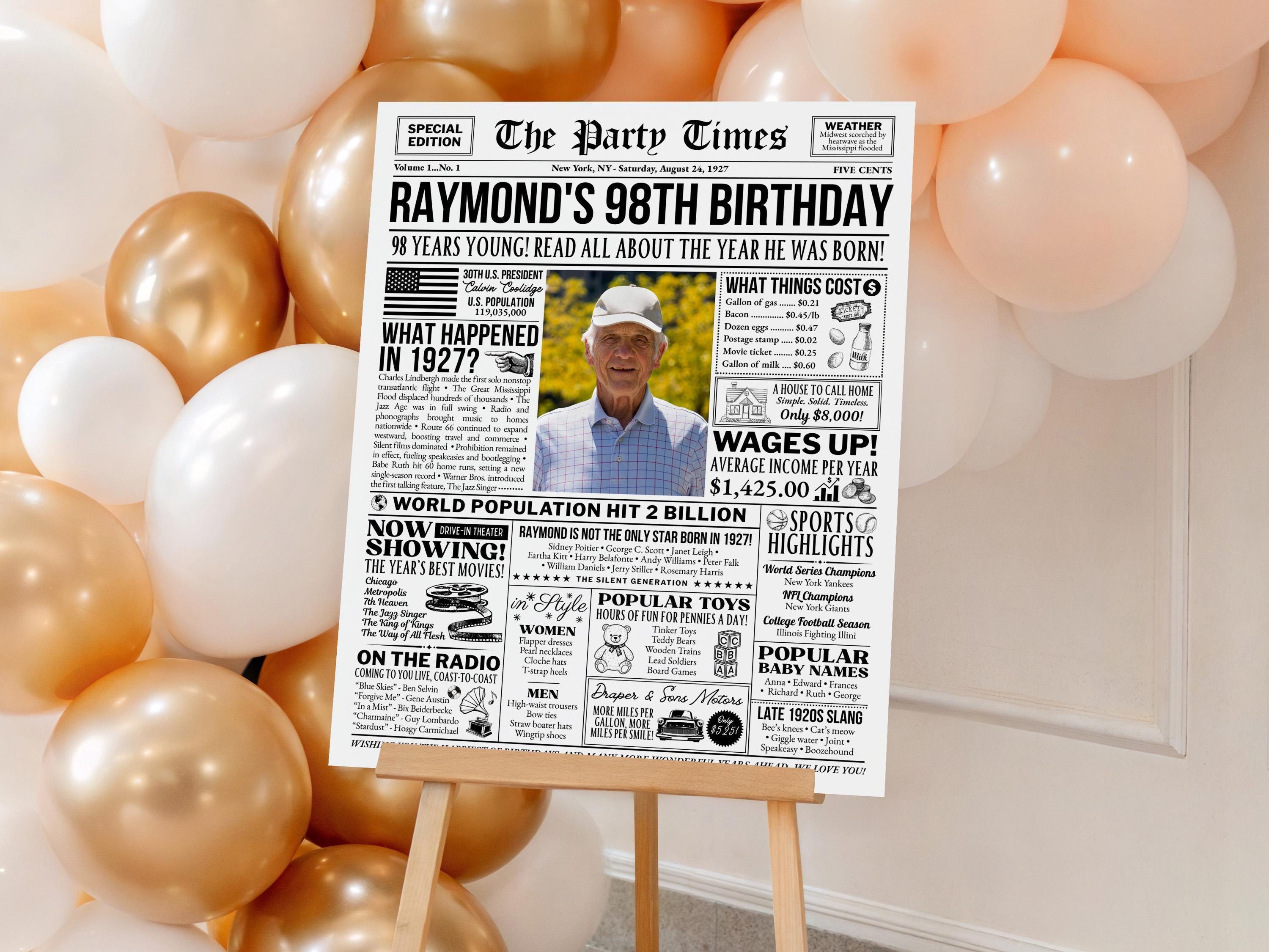 98th Birthday Gift, Back in 1927 Newspaper Poster, Unique Photo Welcome Sign Birthday Keepsake Printable, Edit With Canva