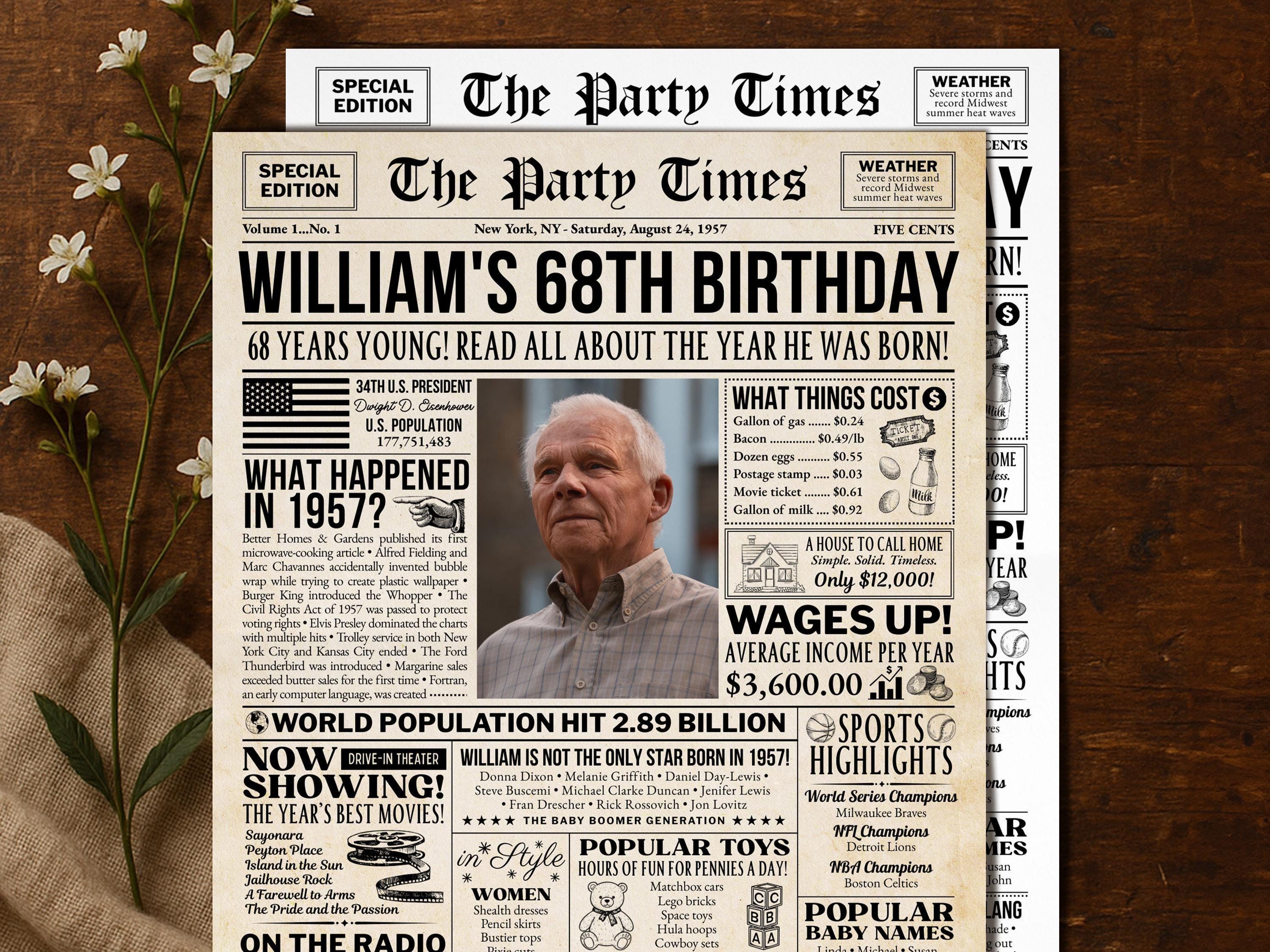 68th Birthday Gift, Back in 1957 Newspaper Poster, Personalized Gift for Dad Or Mom, 50s Theme Party Keepsake Printable, Edit With Canva