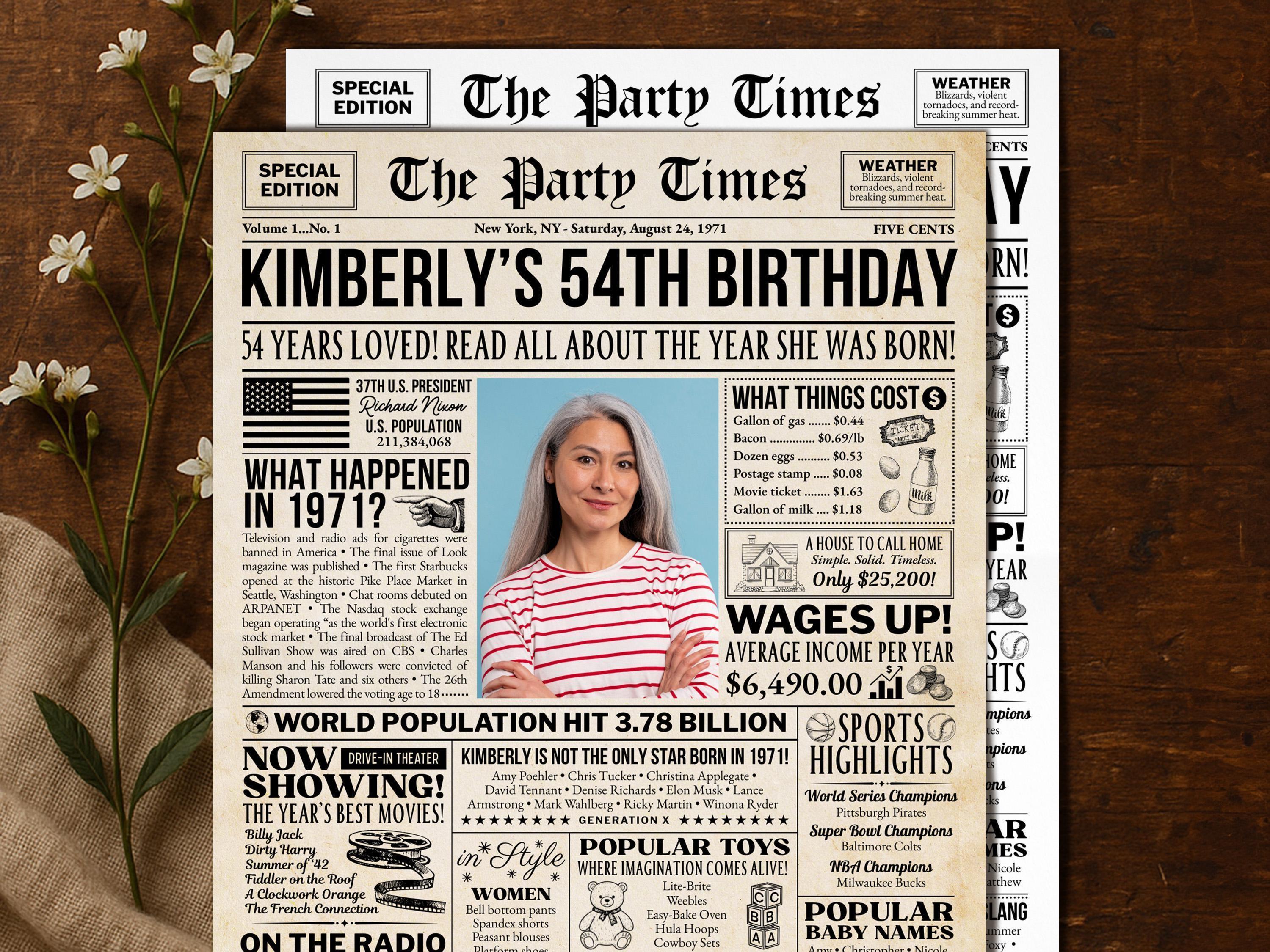 54th Birthday Welcome Celebration Sign, Back in 1971 Newspaper Poster, Editable Personalized Born In Any Year Printable , Edit With Canva