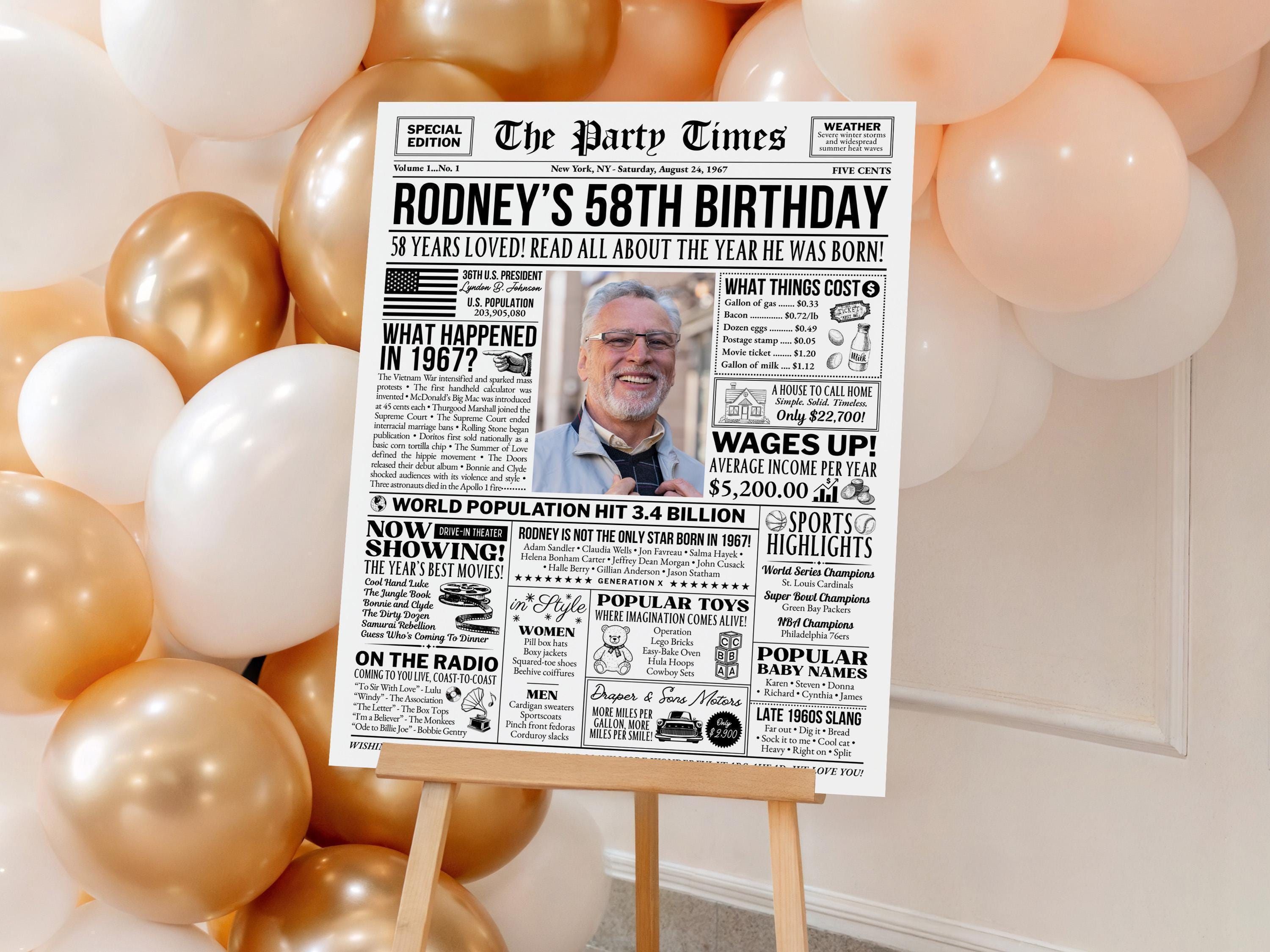 58th Birthday Gift, Back in 1967 Newspaper Poster Sign, Personalized Gift for Grandpa, USA Fun Facts Party Keepsake, Edit With Canva