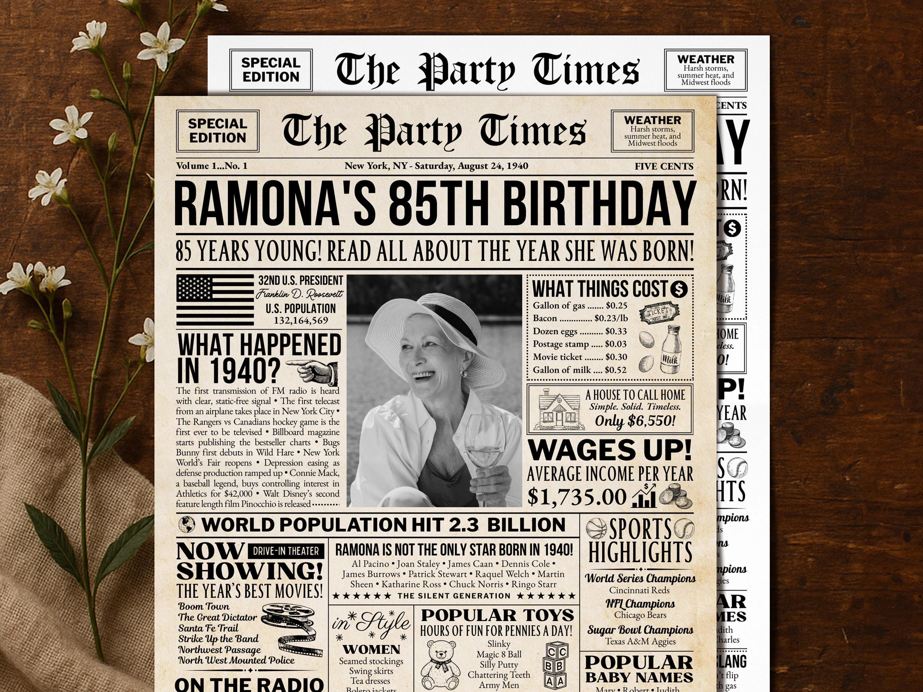 85th Birthday Newspaper Poster Sign
