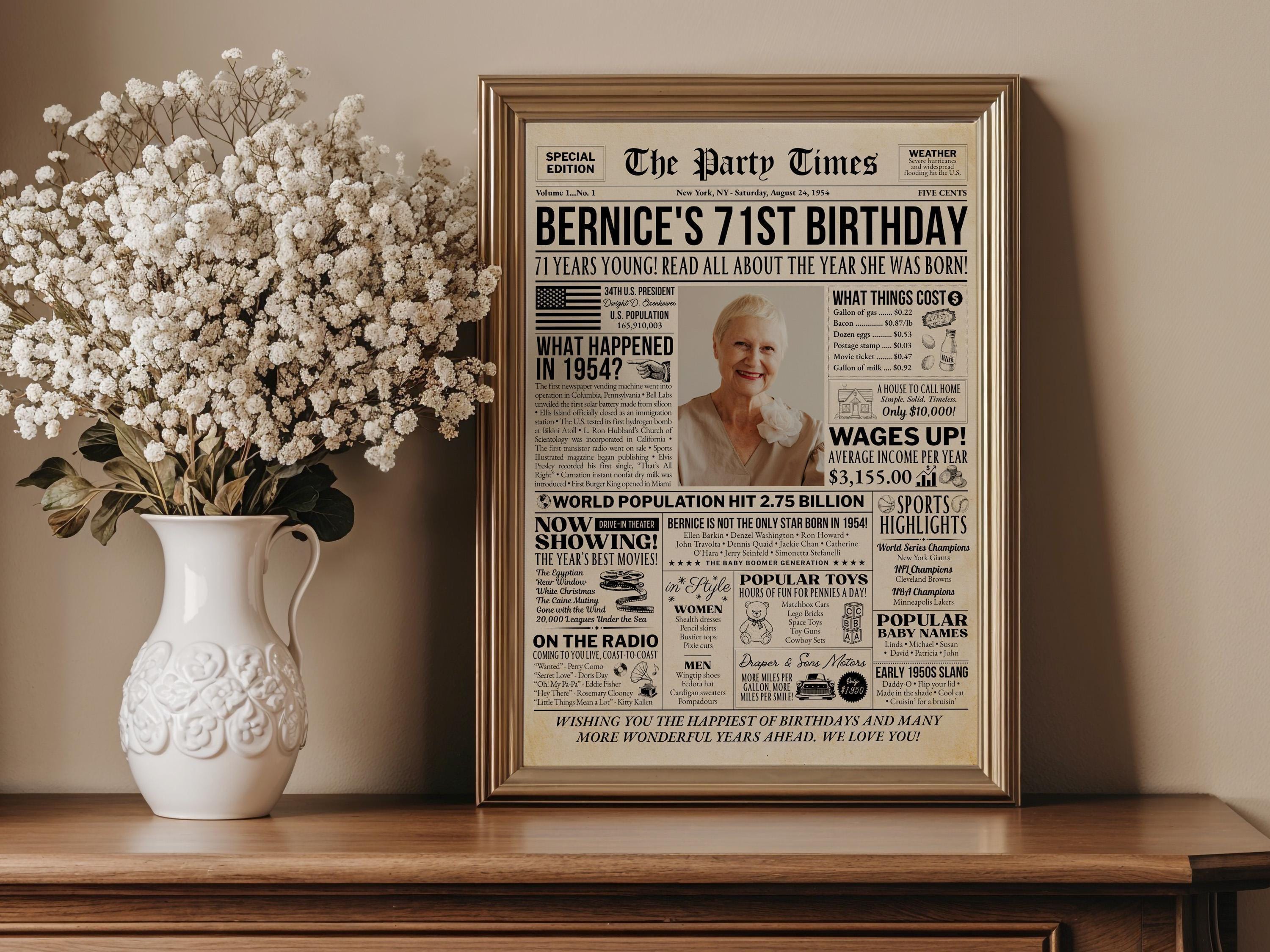 71st Birthday Gift, Back in 1954 Newspaper Poster, Editable Personalized Gift For Grandma, USA Historical Facts Printable, Edit With Canva