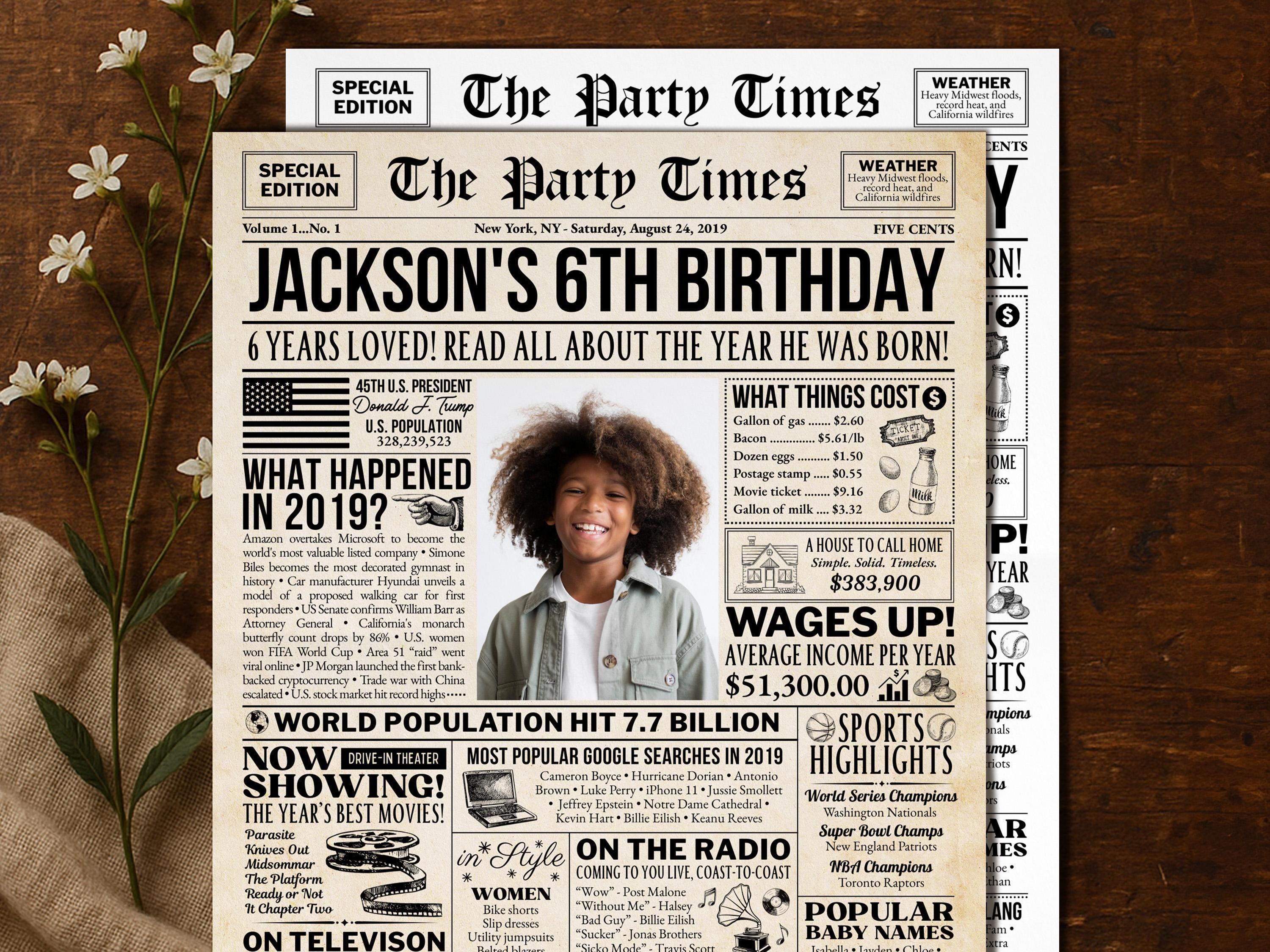 6th Birthday Gift, Born in 2019 Newspaper Poster, Editable What Happened in 2019 Sign, Cheers to 6 Years, Edit With Canva