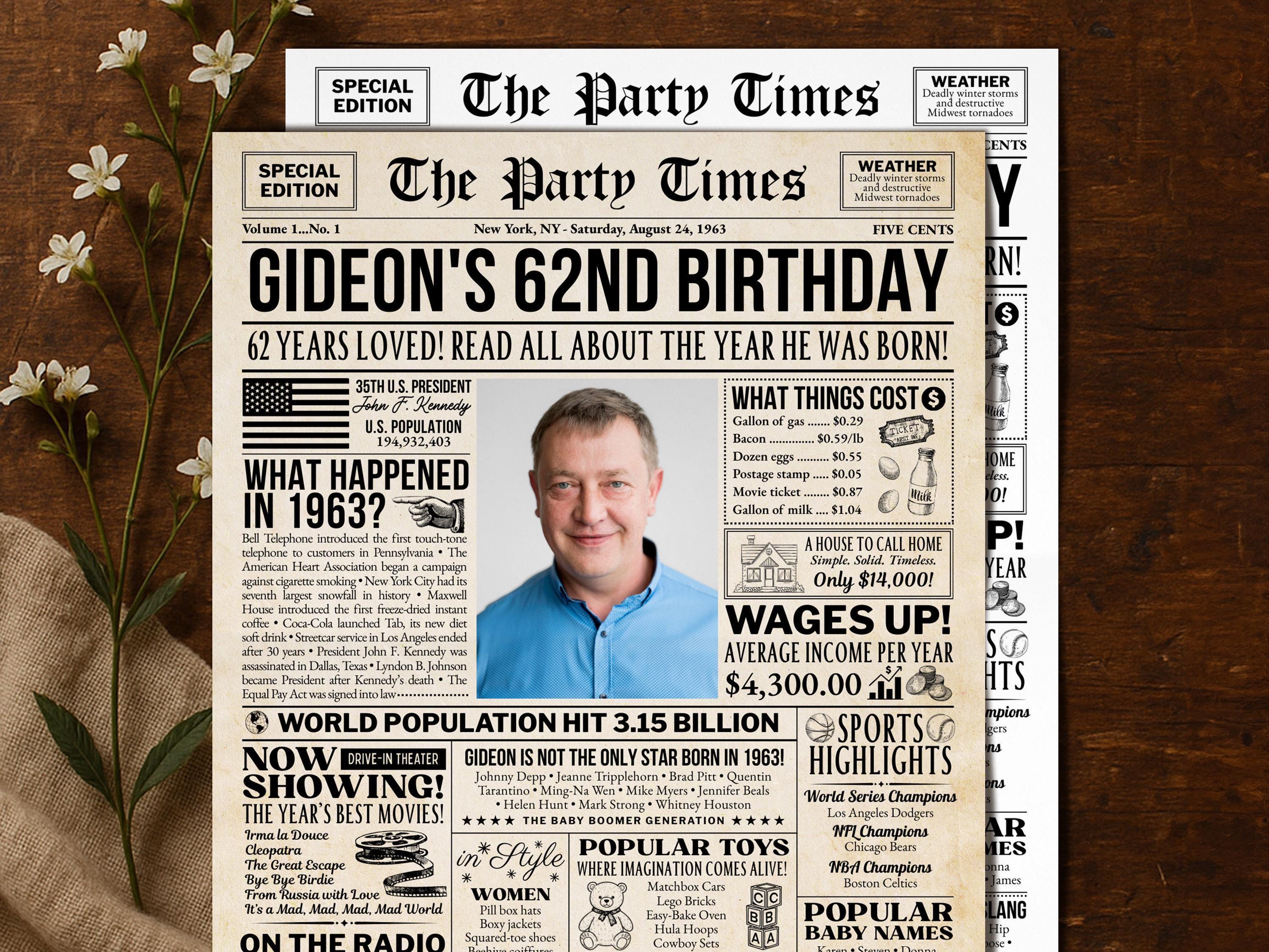 62nd Birthday Newspaper Poster Sign, Back In 1963 Retro Party Decorations, Editable 60s Throwback Party Printable, Edit With Canva