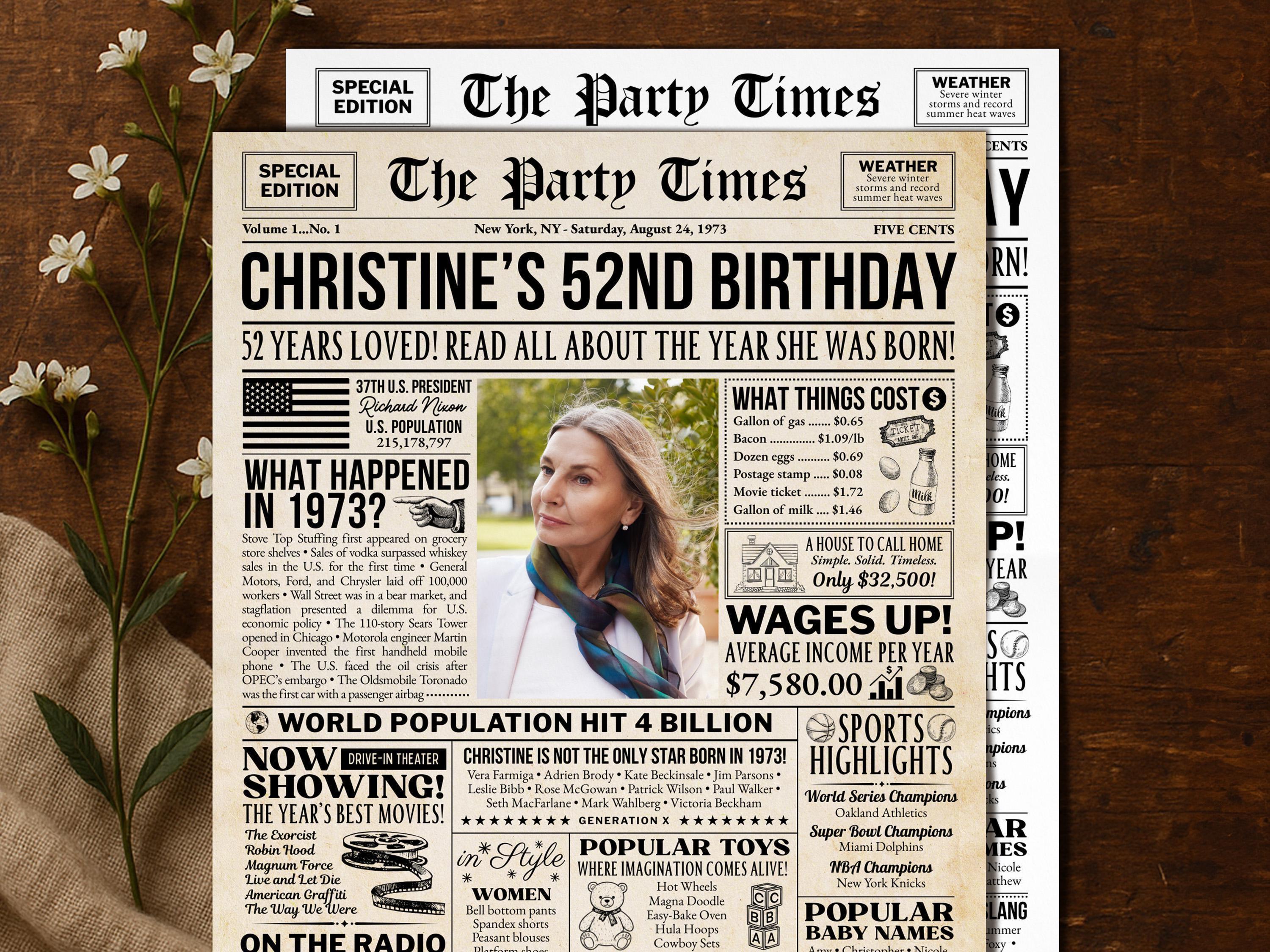 52nd Birthday Gift, Born in 1973 Newspaper Poster, Vintage Style Print, Personalized Birthday Decoration, Wall Art Keepsake, Edit With Canva