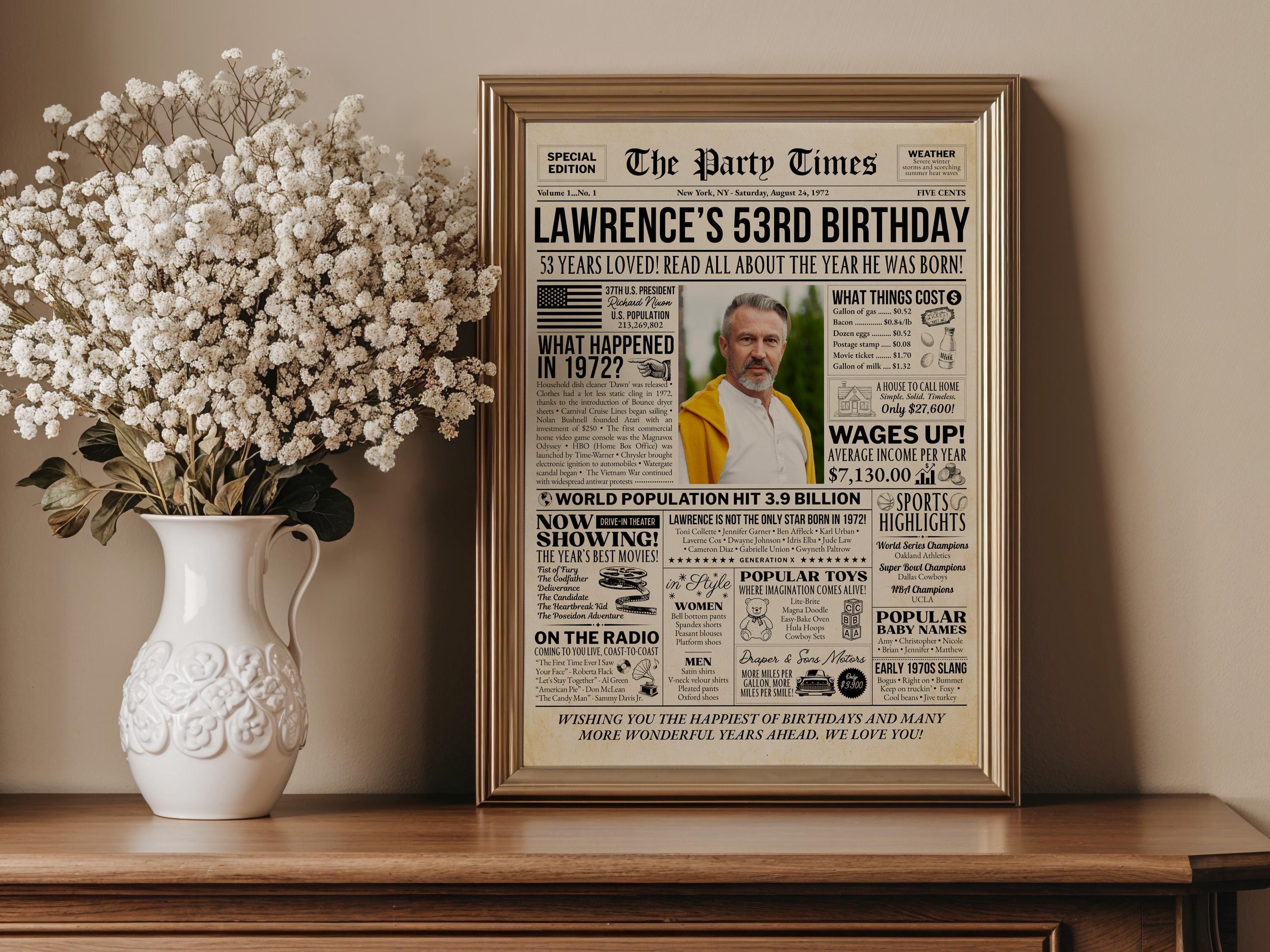 53rd Birthday Gift, Born In 1972 Newspaper Poster, Vintage Retro Birthday Sign Printable, Personalized Gift For Him Or Her, Edit With Canva