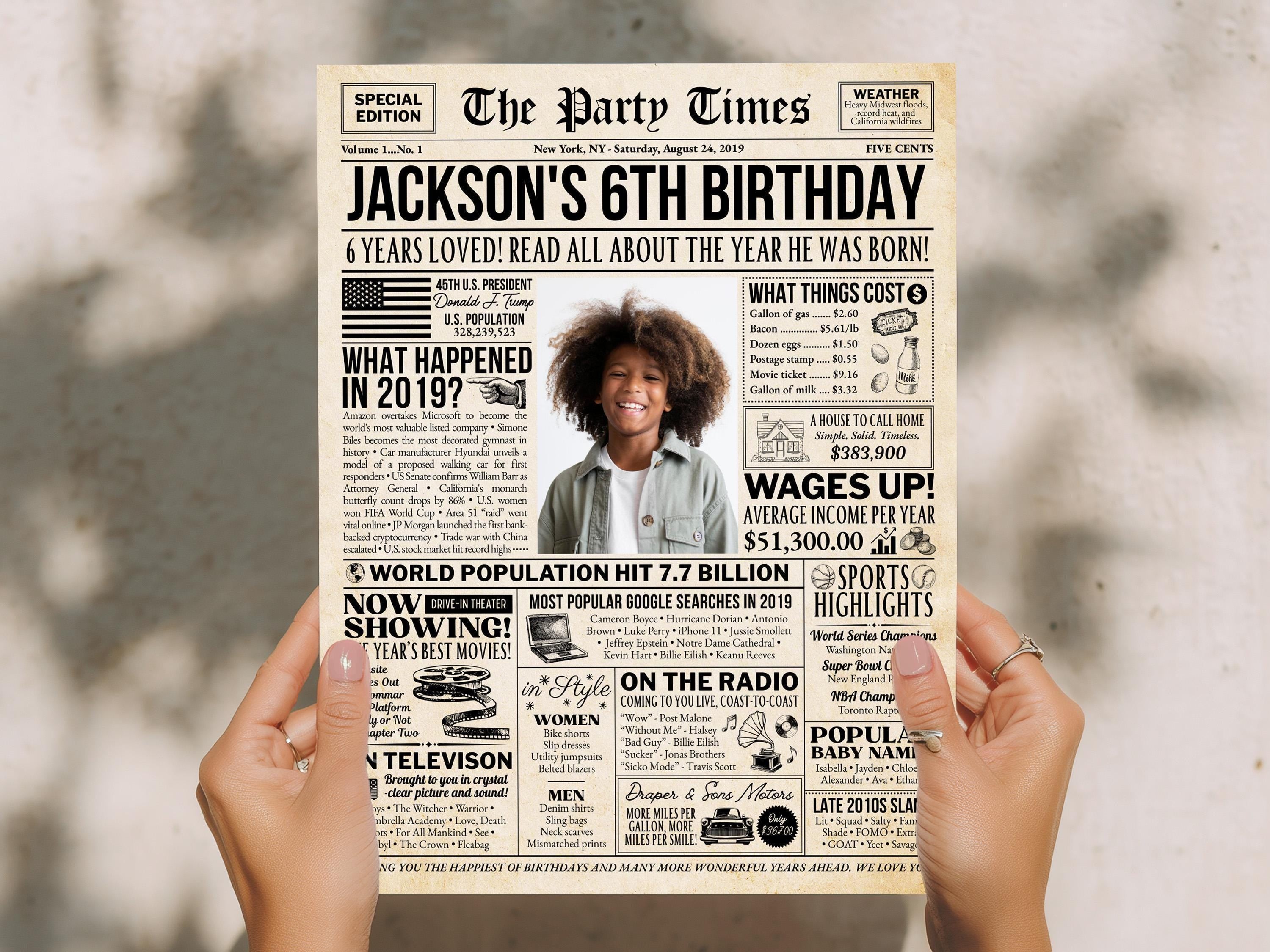 6th Birthday Gift, Born in 2019 Newspaper Poster, Editable What Happened in 2019 Sign, Cheers to 6 Years, Edit With Canva