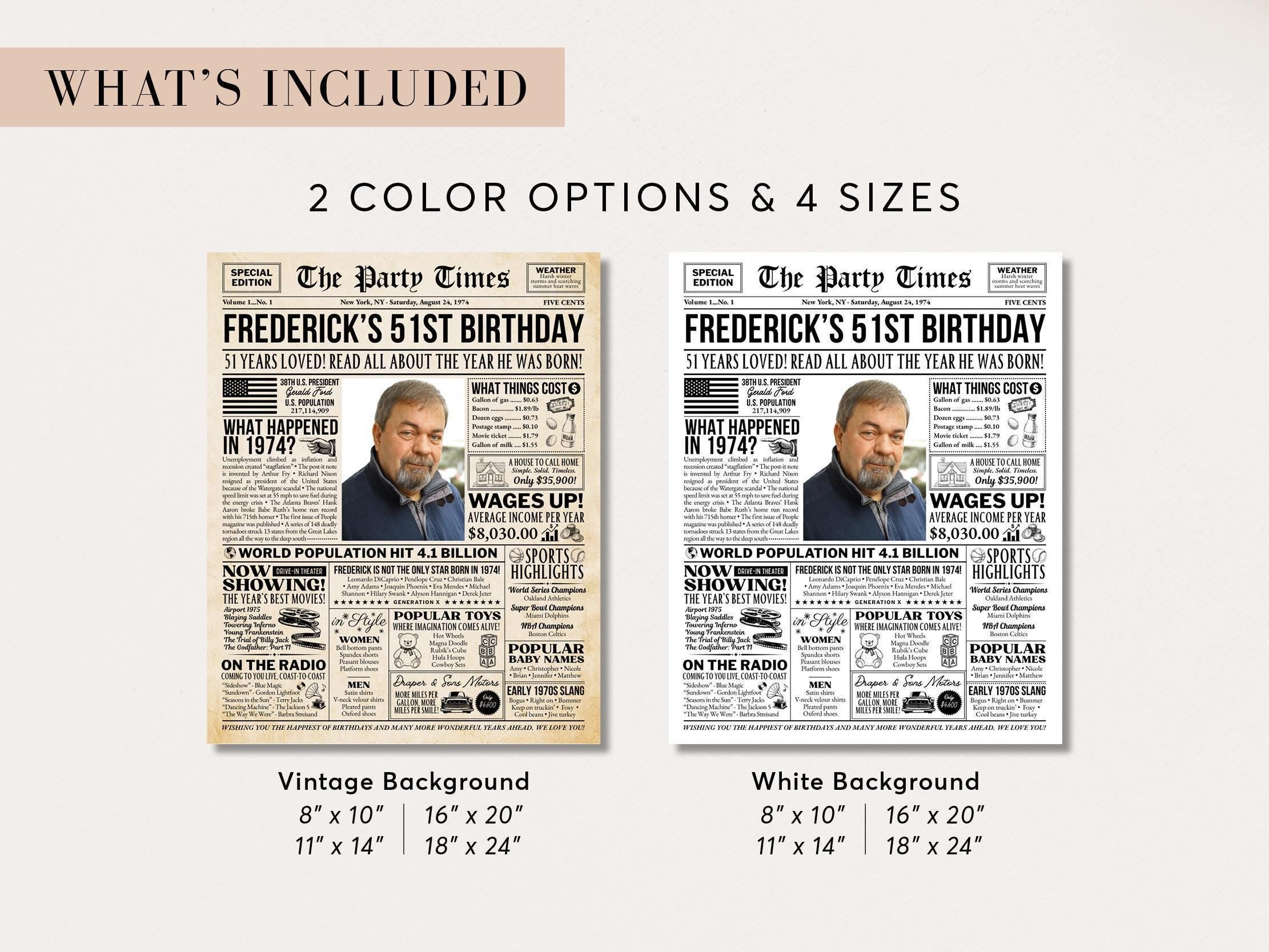 Born in 1974 Newspaper Poster, 51st Birthday Gift, Vintage Style Wall Art, Retro Birthday Decoration, Personalized Keepsake, Edit With Canva