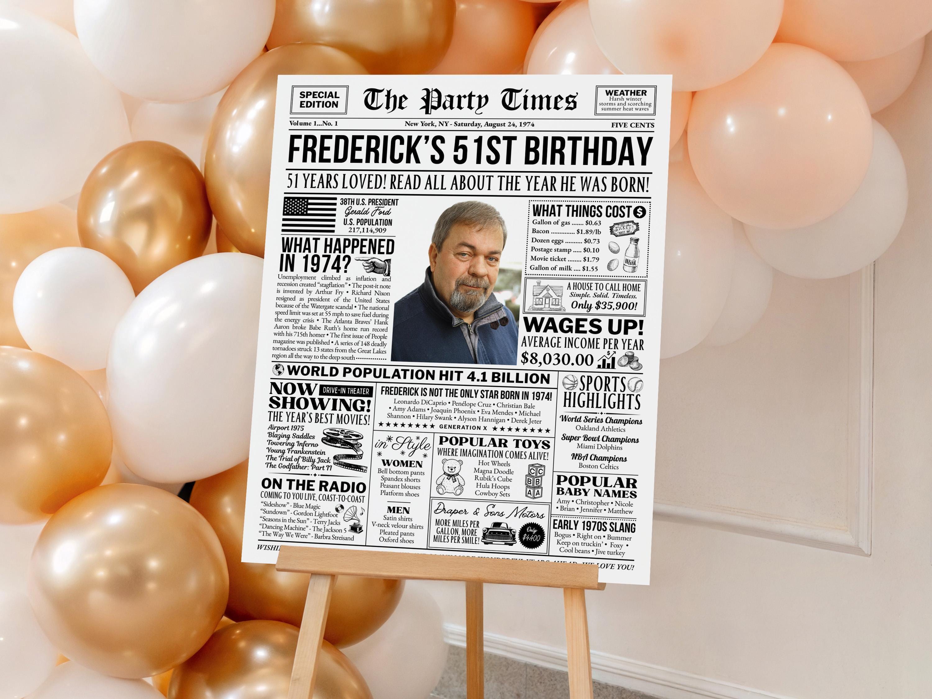 Born in 1974 Newspaper Poster, 51st Birthday Gift, Vintage Style Wall Art, Retro Birthday Decoration, Personalized Keepsake, Edit With Canva