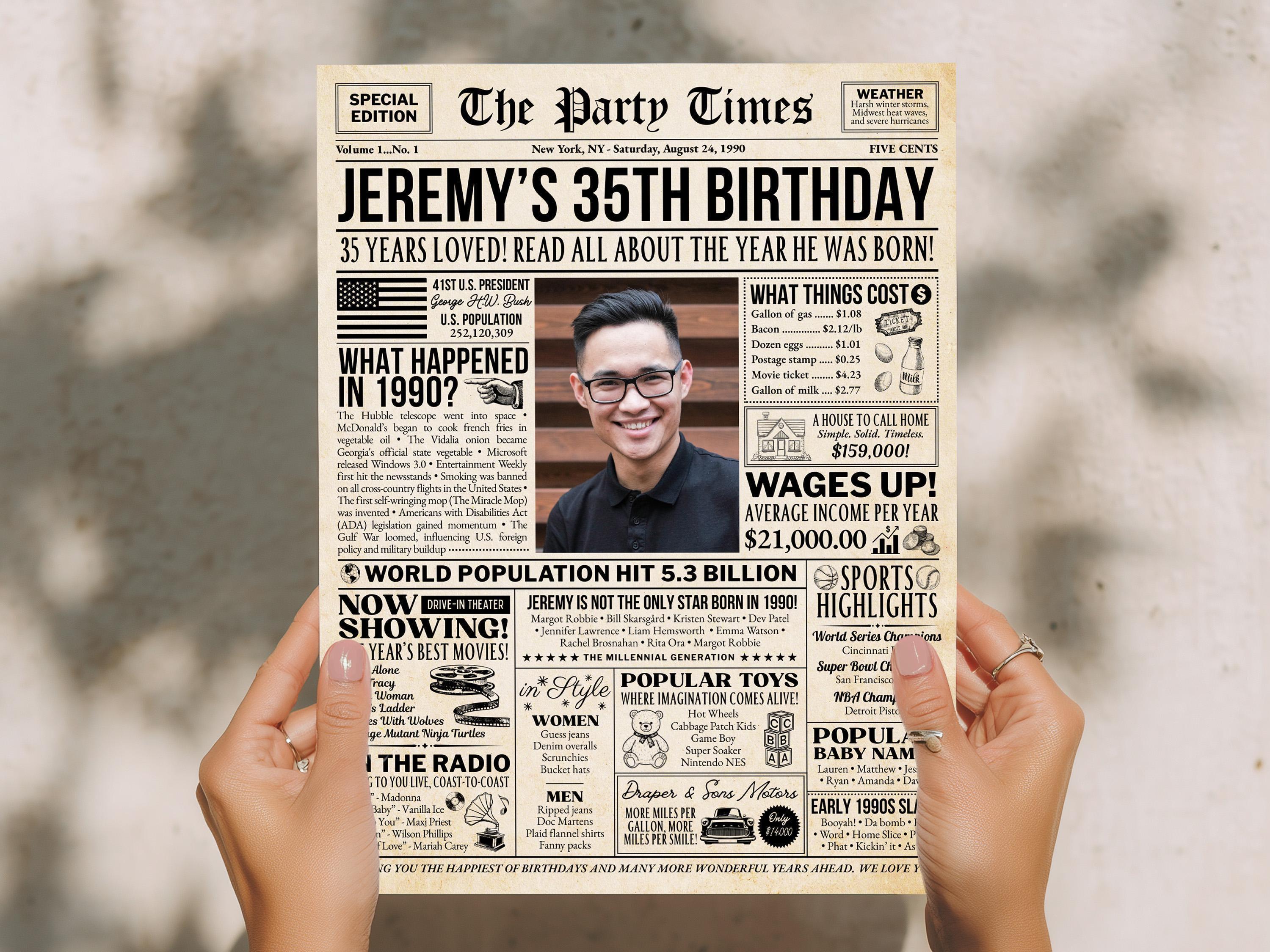 35th Birthday Newspaper Poster Sign, Back In 1990 Birthday Gift For Men Or Women, 35 Years Ago Party Decorations Printable, Edit With Canva
