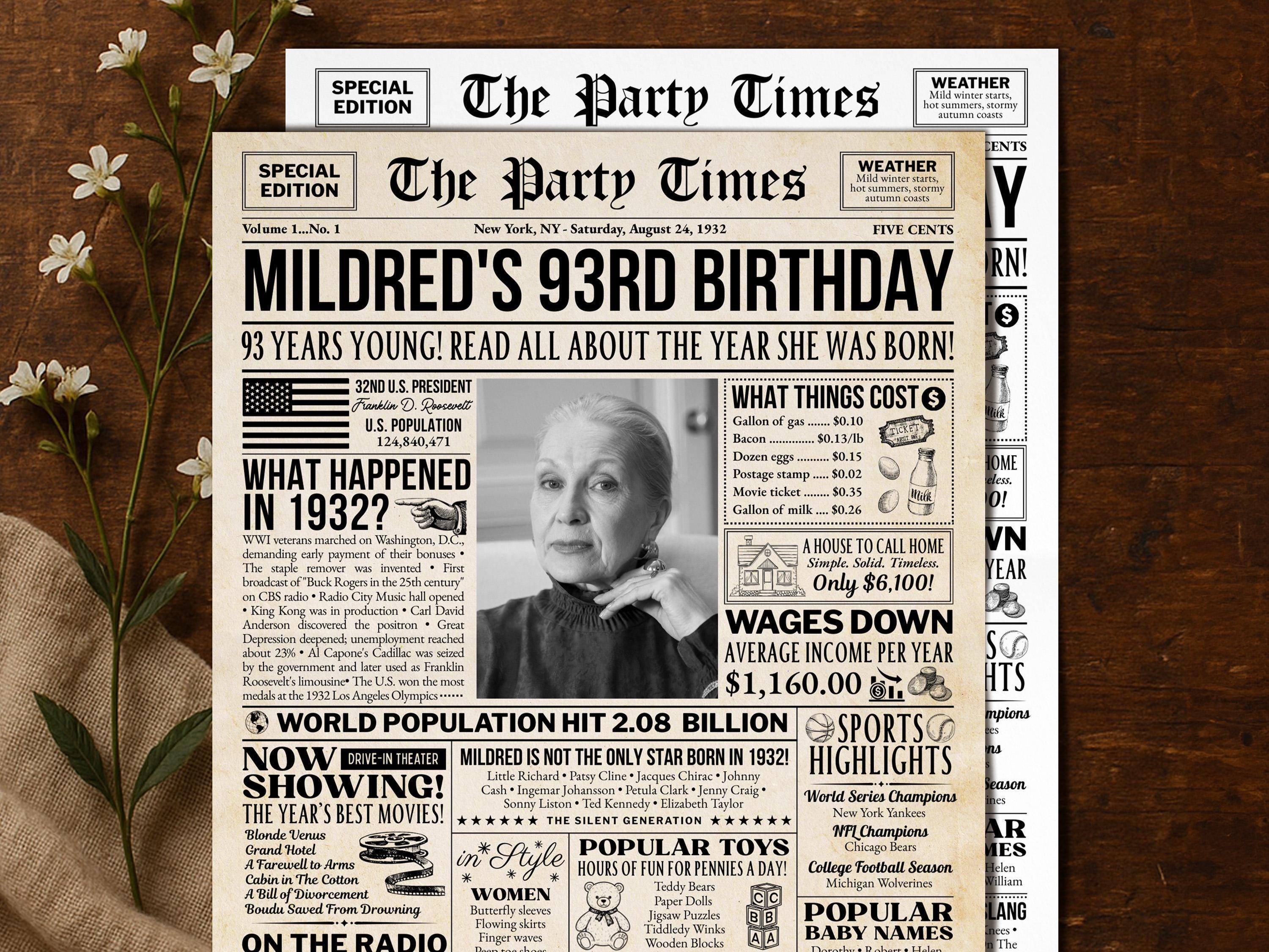 93rd Birthday Newspaper Poster Sign