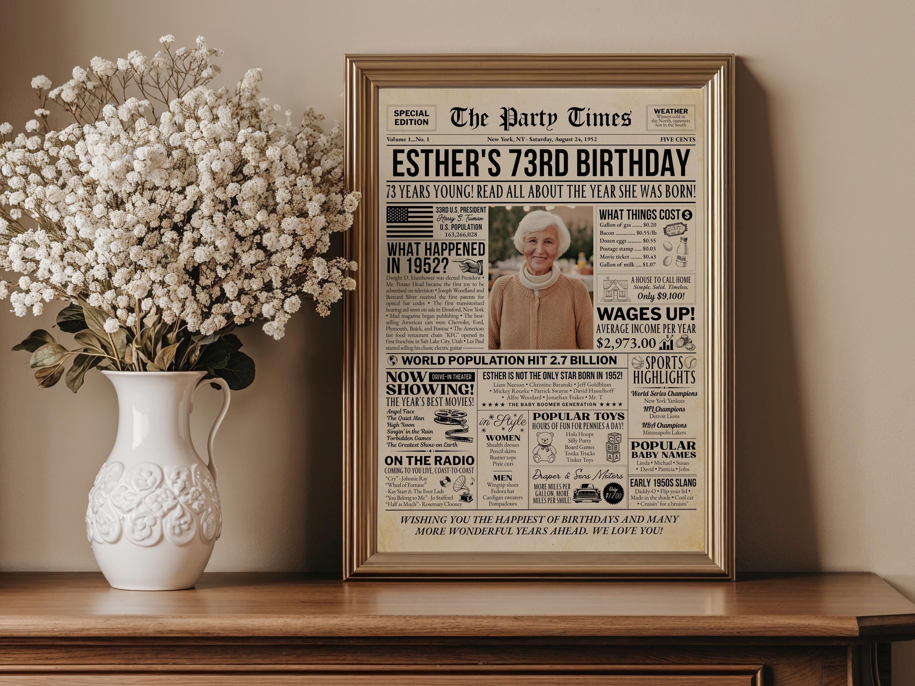 73rd Birthday Newspaper Poster, Flashback to 1952, Year You Were Born 73rd Birthday Sign, Gift for Mom or Dad Printable, Edit With Canva