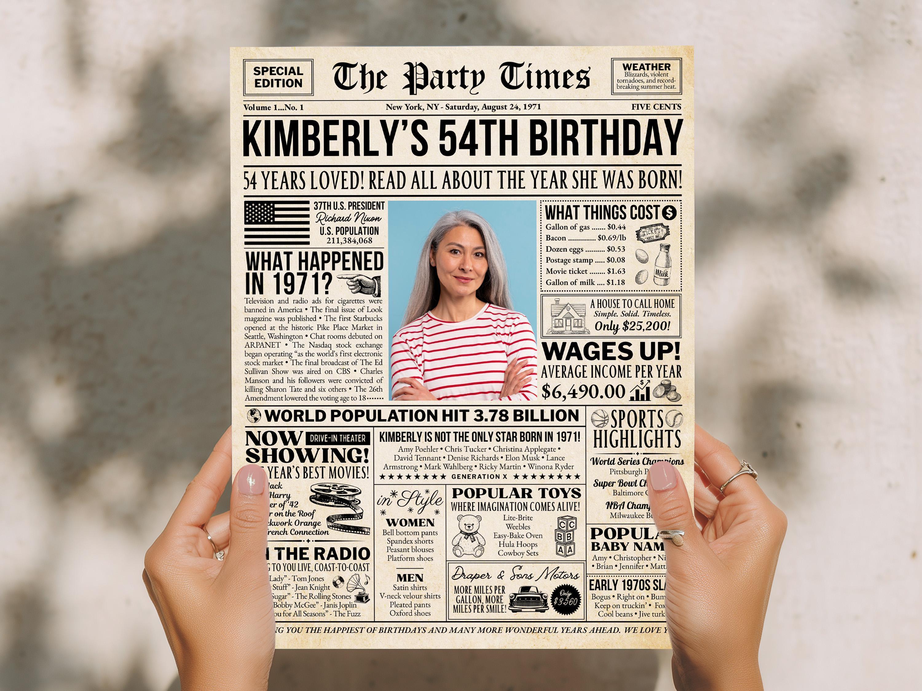 54th Birthday Welcome Celebration Sign, Back in 1971 Newspaper Poster, Editable Personalized Born In Any Year Printable , Edit With Canva