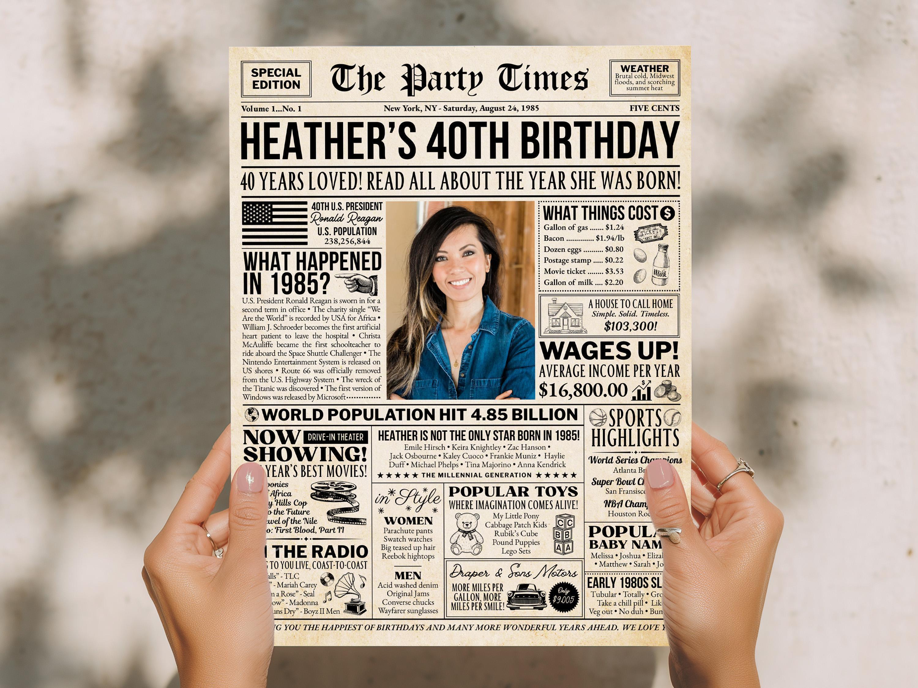 40th Birthday Newspaper Poster Sign, Back in 1985 USA Fun Facts Party Sign, Editable Vintage Style Birthday Decoration, Edit With Canva