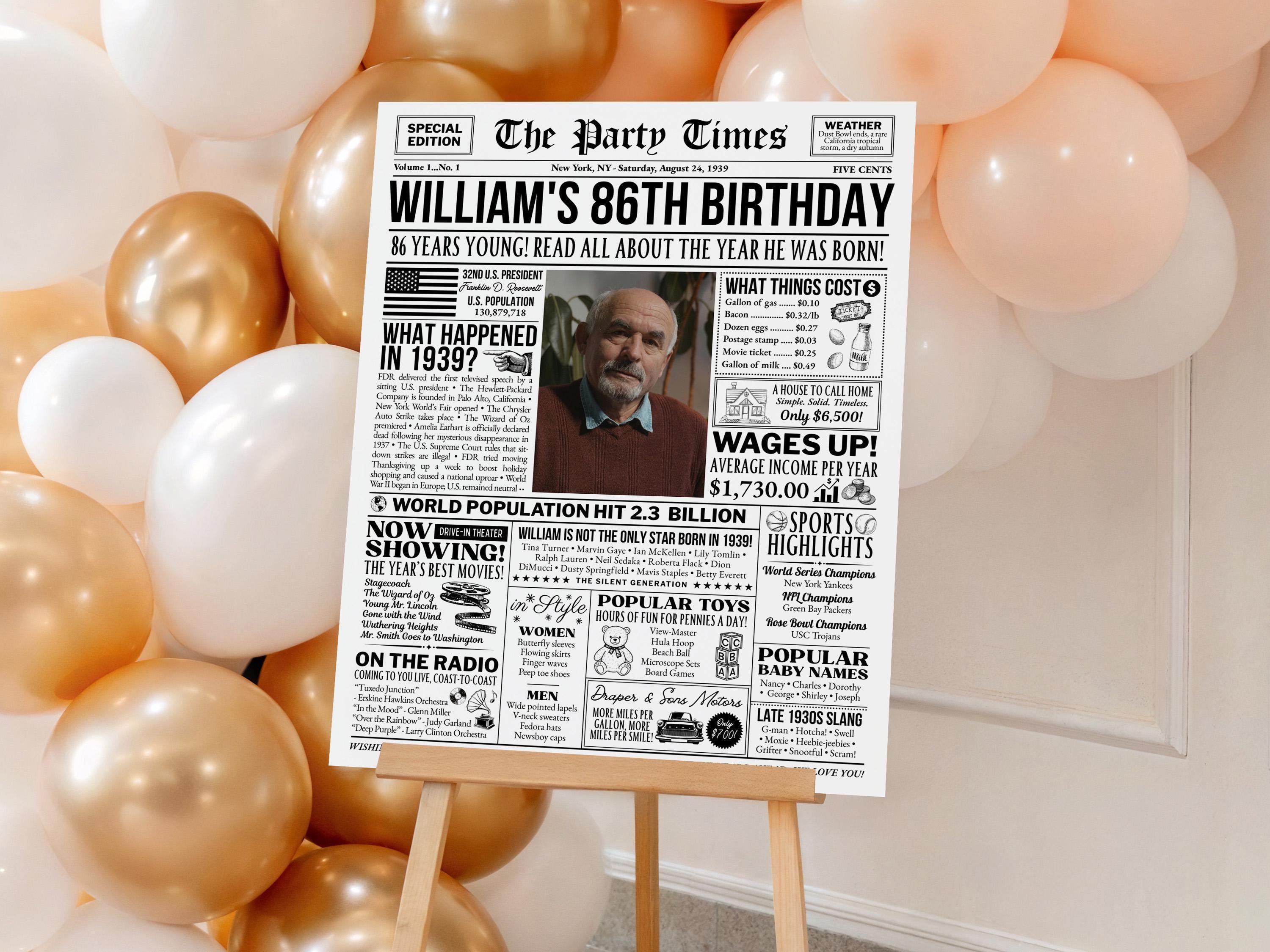 86th Birthday Gift, Back in 1939 Newspaper Poster Sign, 30s Theme Party Personalized Gift, USA Fun Facts Party Keepsake, Edit With Canva