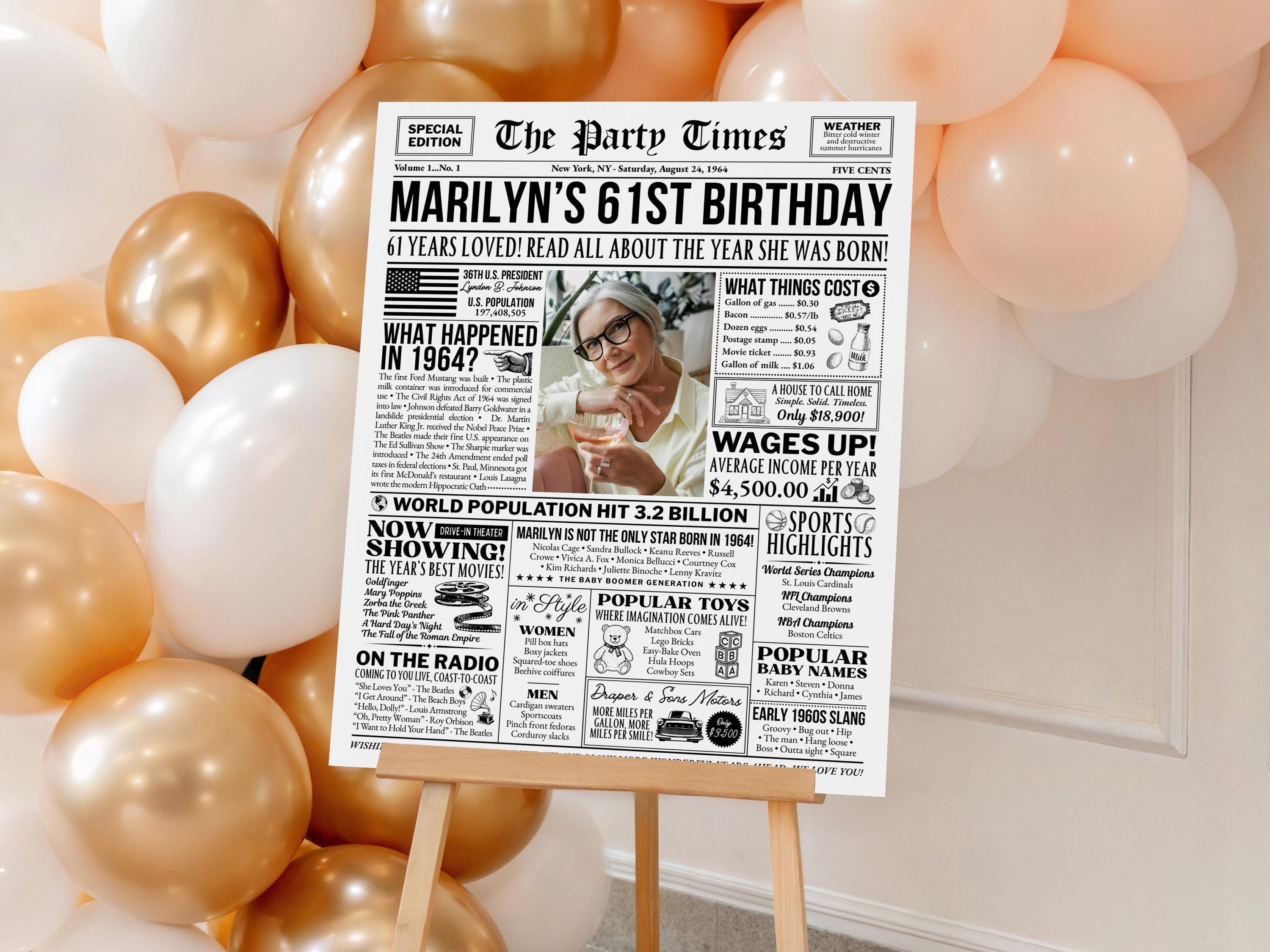 61st Birthday Newspaper Poster Sign, Back in 1964 Gift for Men or Women, 60s Theme Party Milestone Party Decorations, Edit With Canva