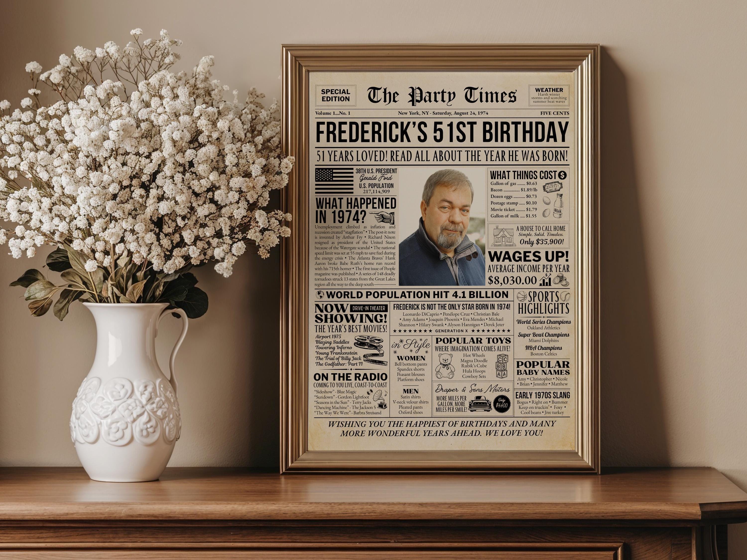 Born in 1974 Newspaper Poster, 51st Birthday Gift, Vintage Style Wall Art, Retro Birthday Decoration, Personalized Keepsake, Edit With Canva