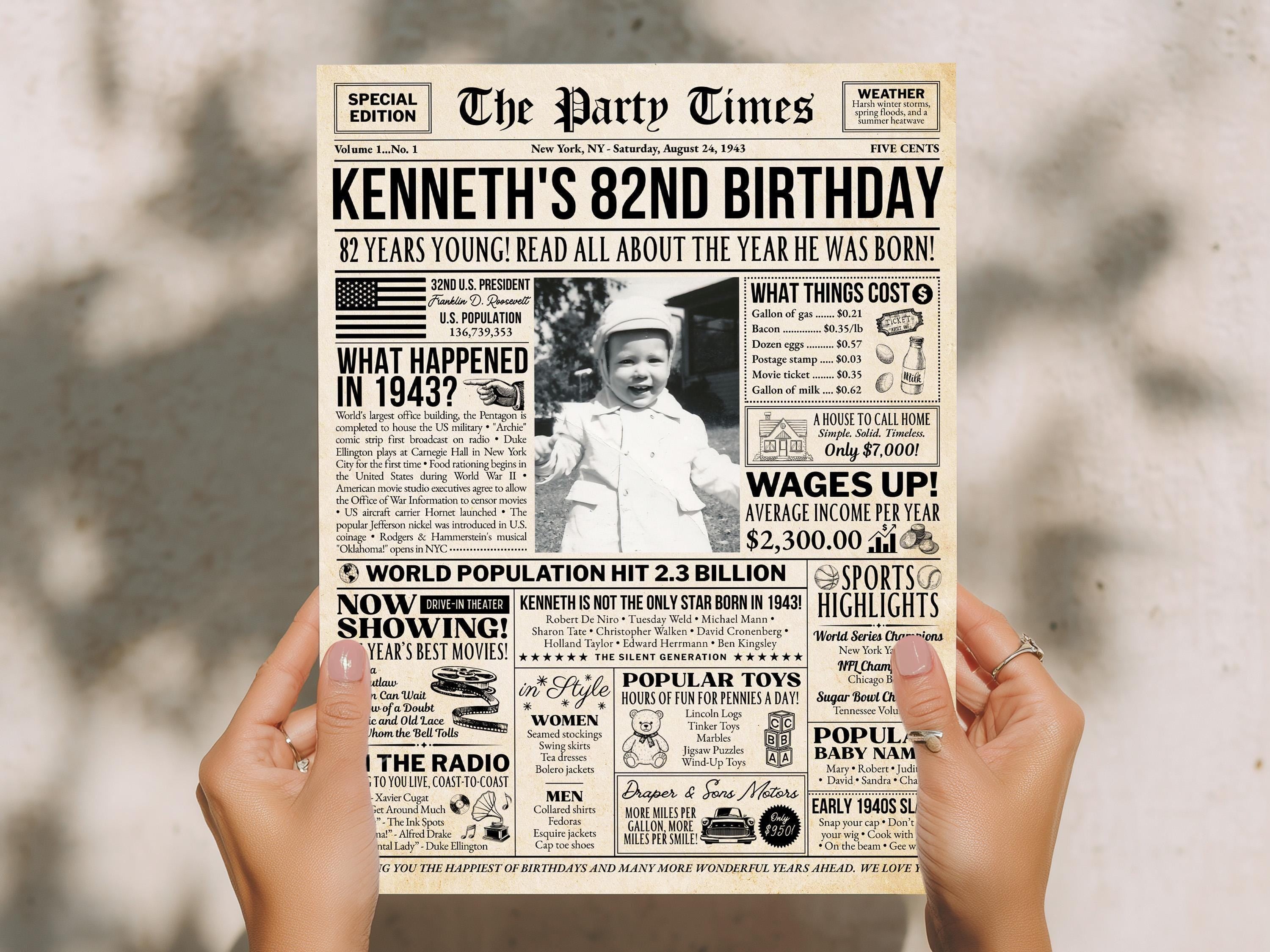 82nd Birthday Newspaper Poster Sign, Back in 1943 USA Facts, Editable 82 Years Ago Vintage Style Birthday Party Decoration, Edit With Canva