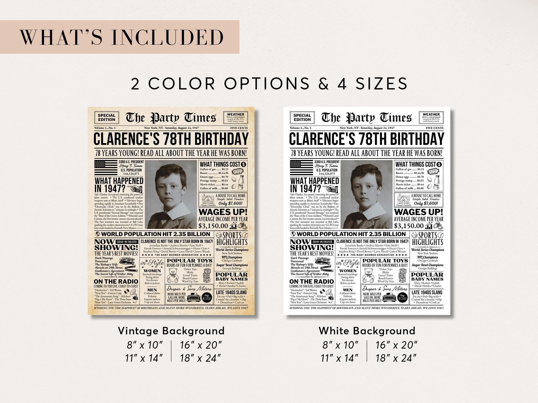78th Birthday Gift, Born In 1947 Newspaper Poster, Vintage Retro Birthday Sign, 40s Theme Party Gift For Him Or Her, Edit With Canva