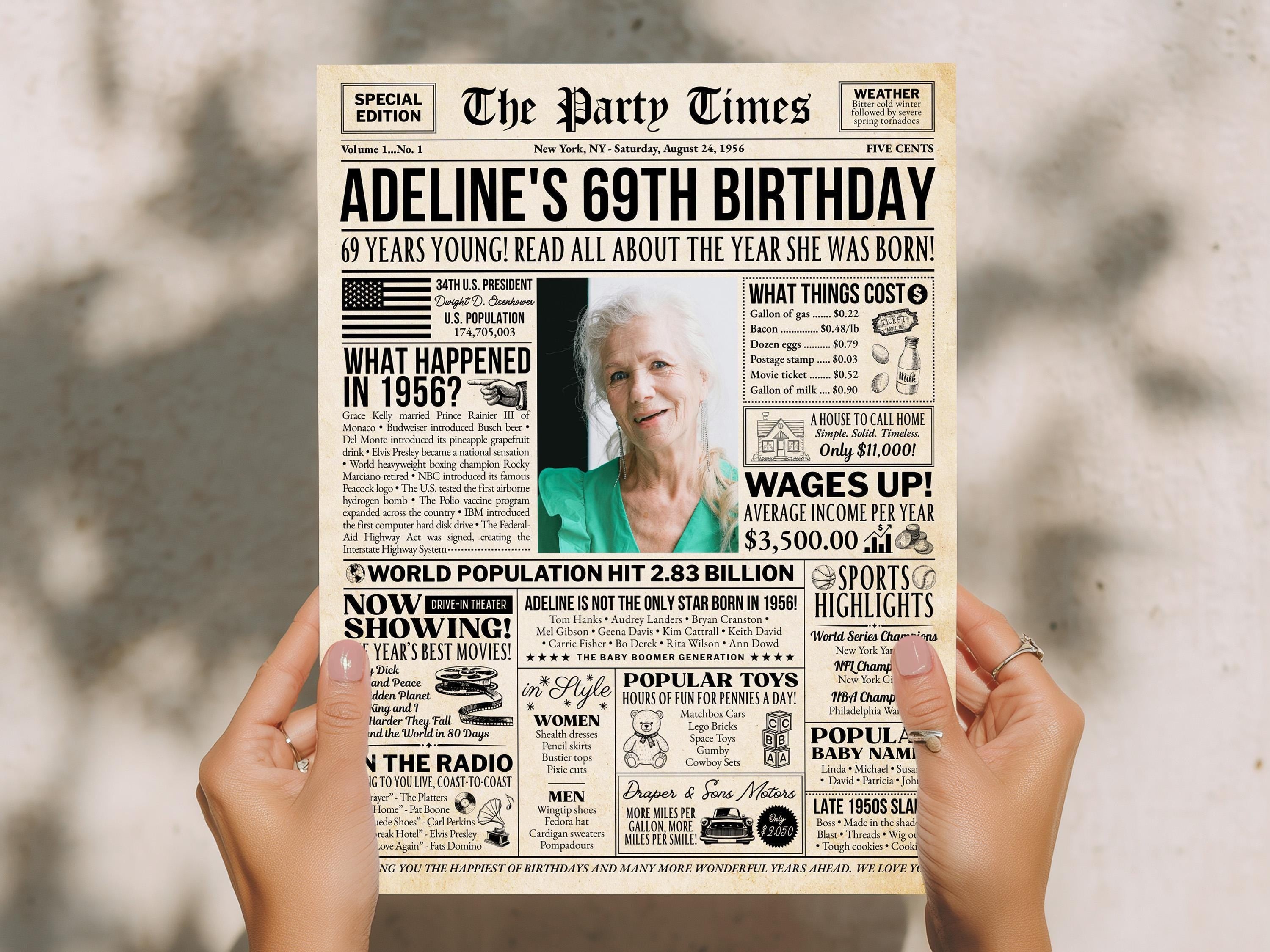69th Birthday Newspaper Poster Sign, Back in 1956 USA Fun Facts Party Sign, Editable 50s Throwback Party Decoration, Edit With Canva