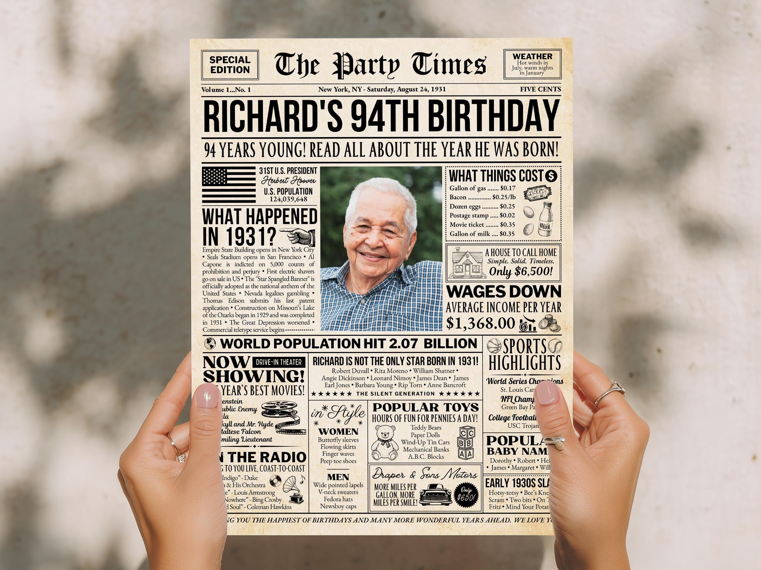 94th Birthday Newspaper Sign, Back in 1931 Poster, Year You Were Born, Editable Custom Year Print, DIY Gift For Grandpa, Edit With Canva