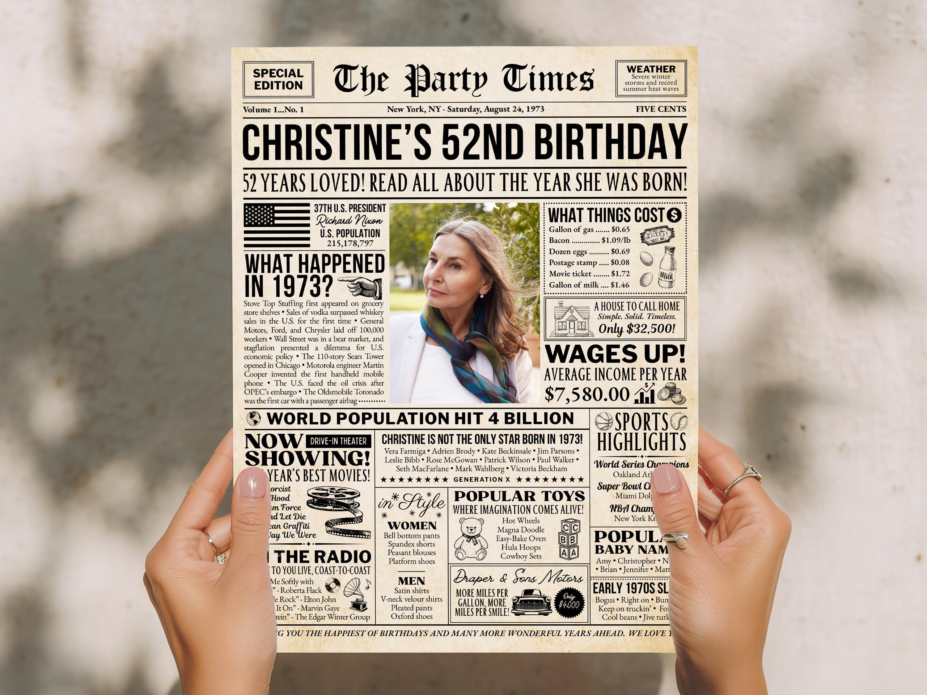 52nd Birthday Gift, Born in 1973 Newspaper Poster, Vintage Style Print, Personalized Birthday Decoration, Wall Art Keepsake, Edit With Canva