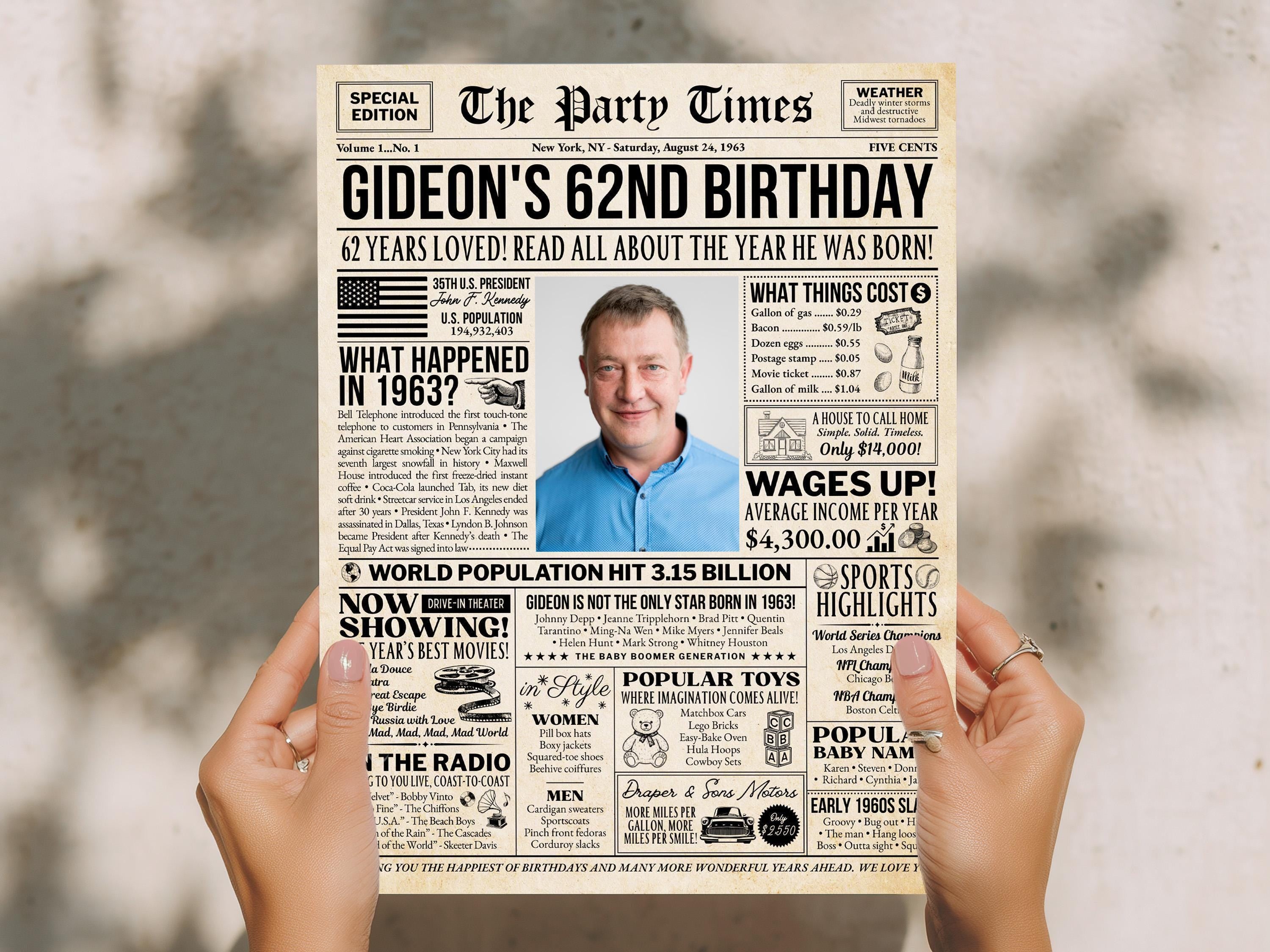 62nd Birthday Newspaper Poster Sign, Back In 1963 Retro Party Decorations, Editable 60s Throwback Party Printable, Edit With Canva