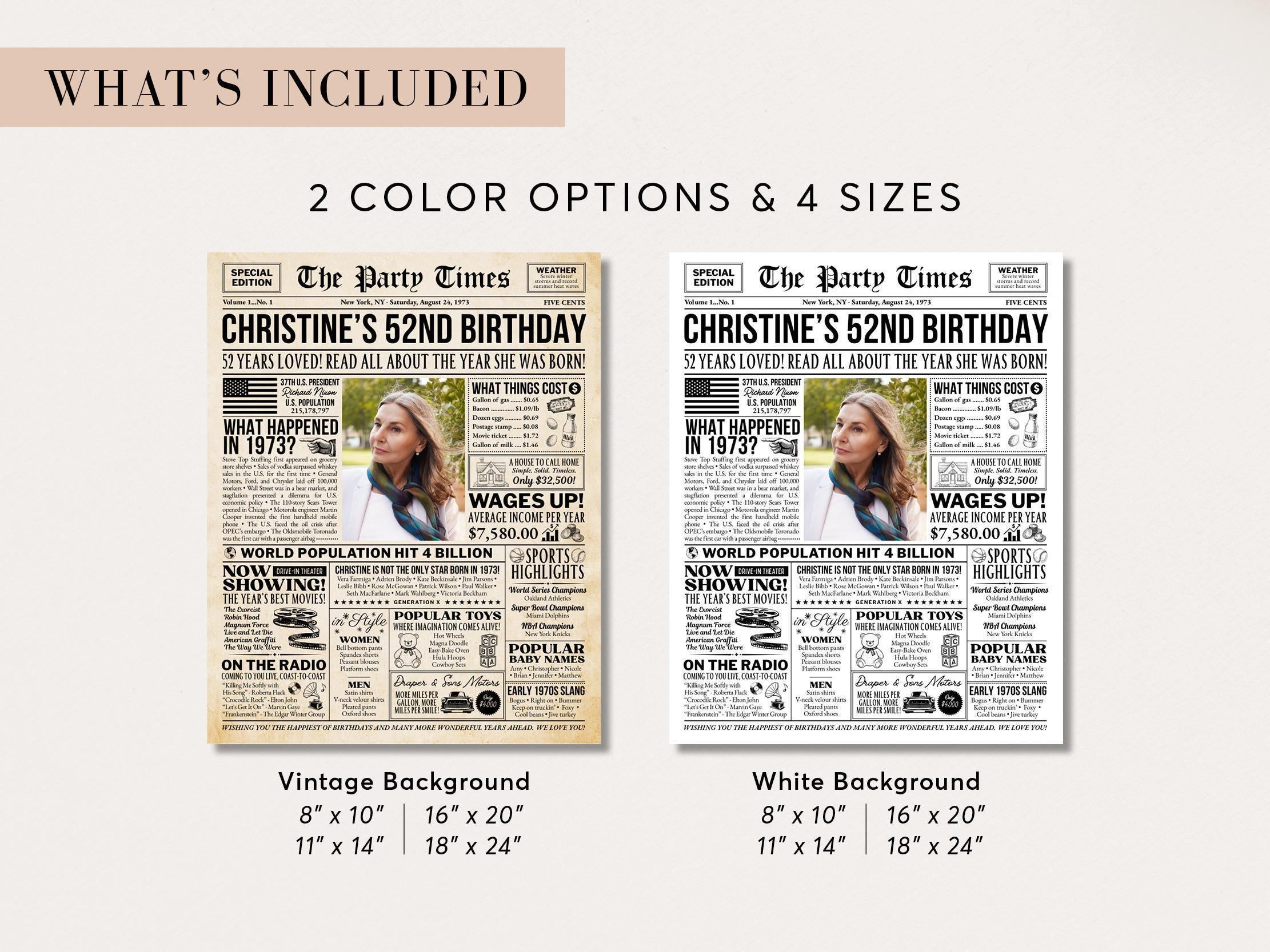 52nd Birthday Gift, Born in 1973 Newspaper Poster, Vintage Style Print, Personalized Birthday Decoration, Wall Art Keepsake, Edit With Canva