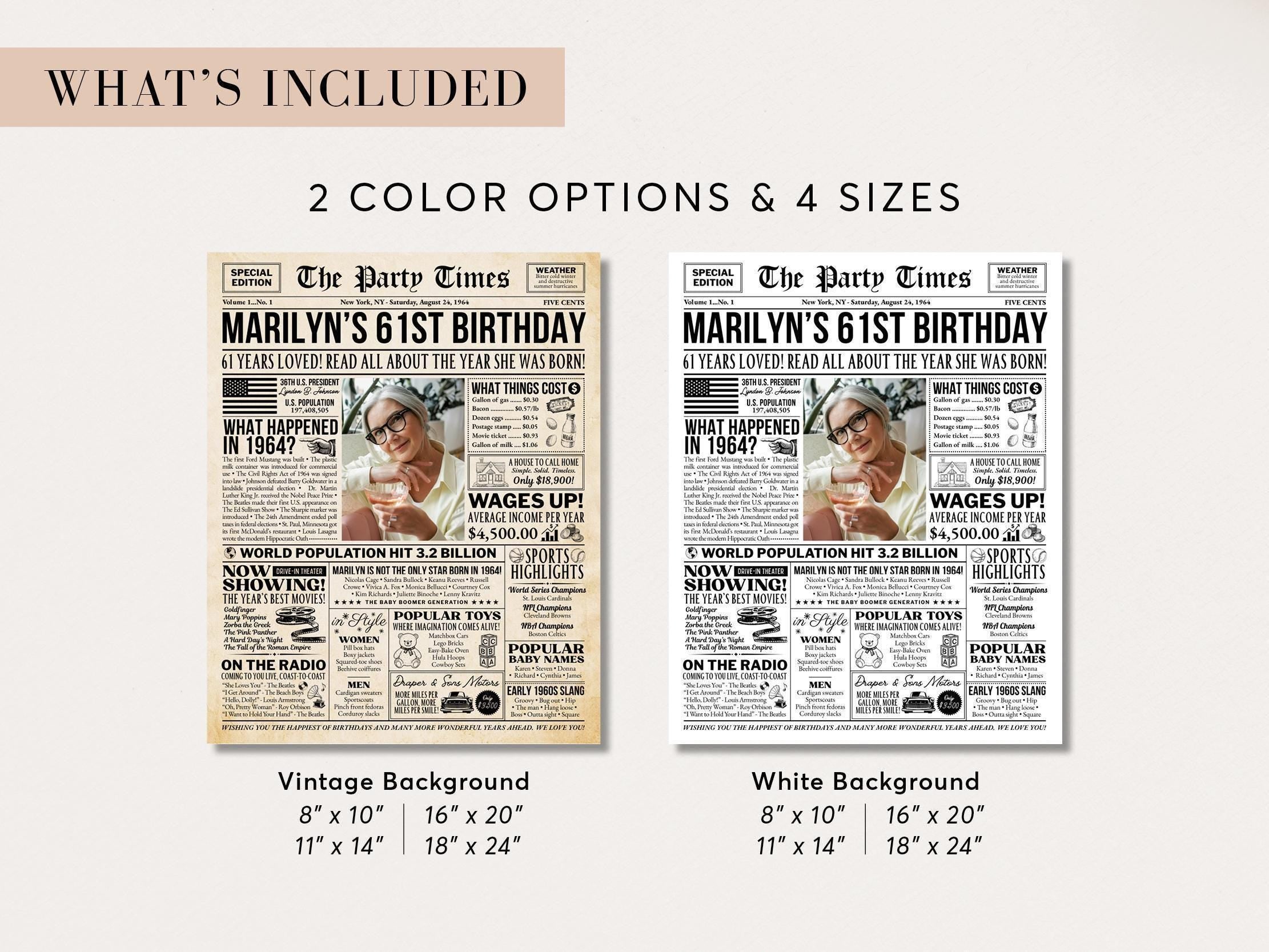 61st Birthday Newspaper Poster Sign, Back in 1964 Gift for Men or Women, 60s Theme Party Milestone Party Decorations, Edit With Canva