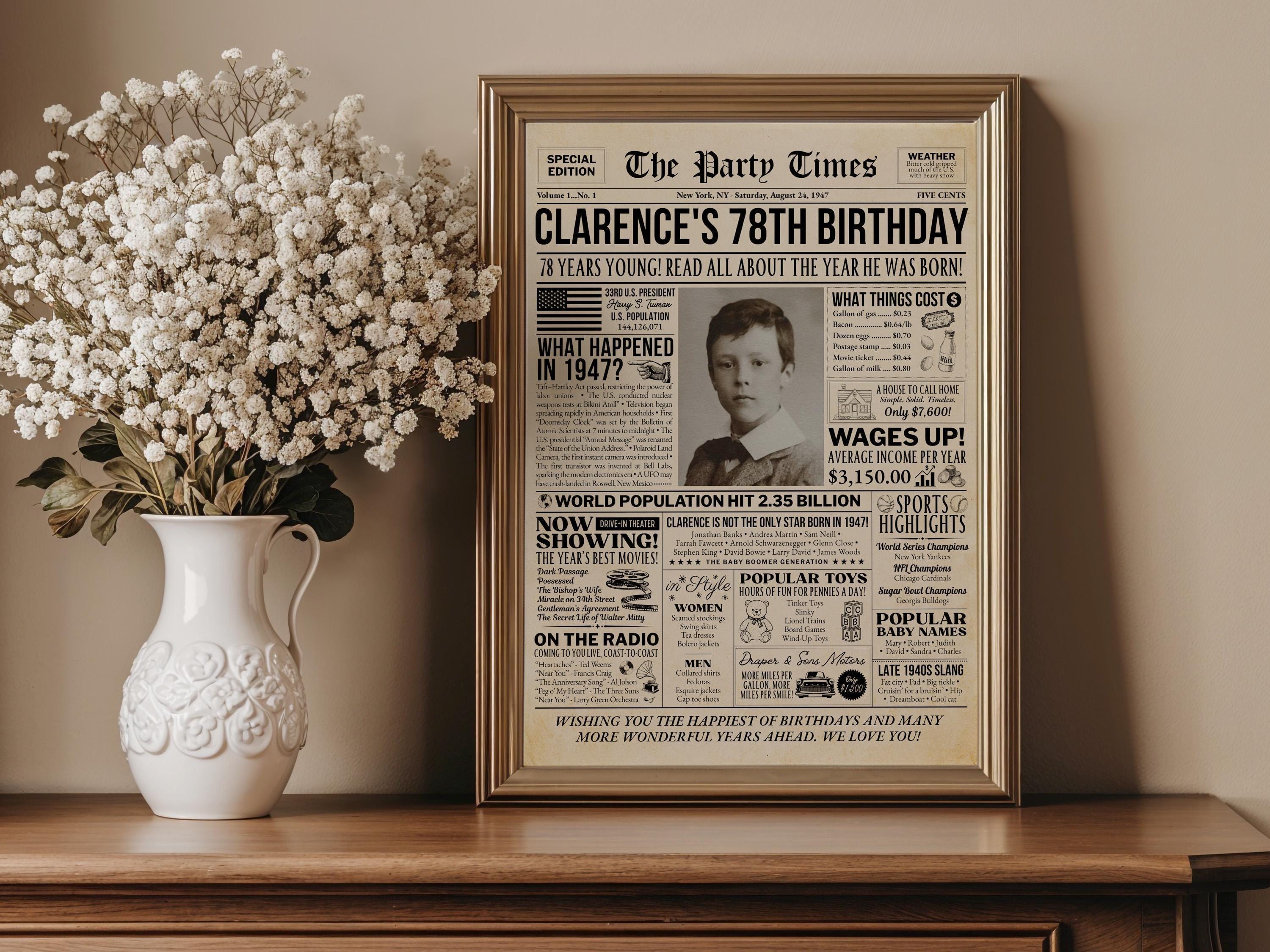 78th Birthday Gift, Born In 1947 Newspaper Poster, Vintage Retro Birthday Sign, 40s Theme Party Gift For Him Or Her, Edit With Canva