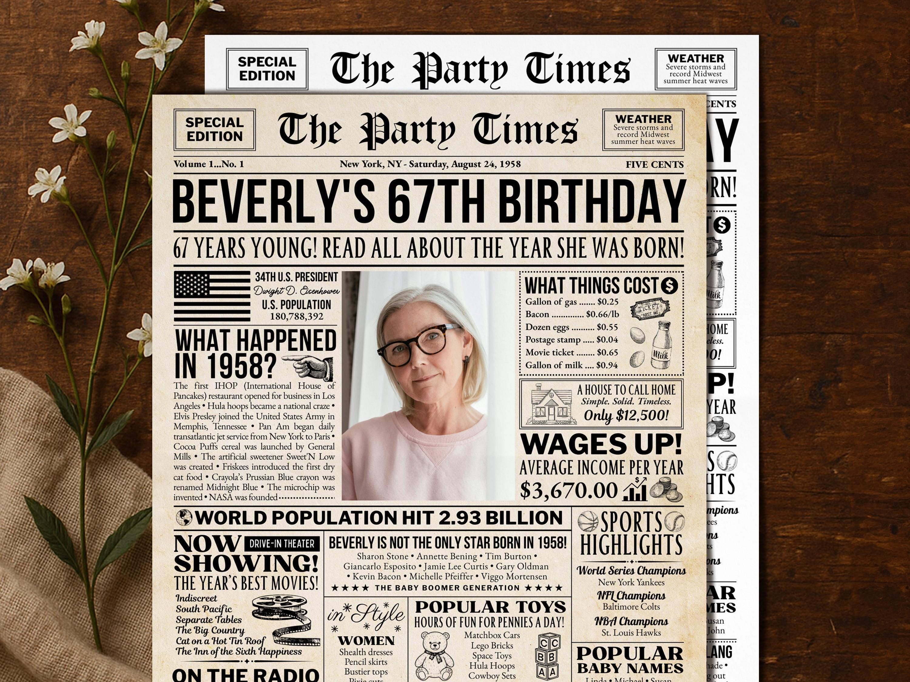 67th Birthday Gift, Back in 1958 Newspaper Poster, Personalized Gift for Granny, Unique Vintage Birthday Keepsake Printable, Edit With Canva