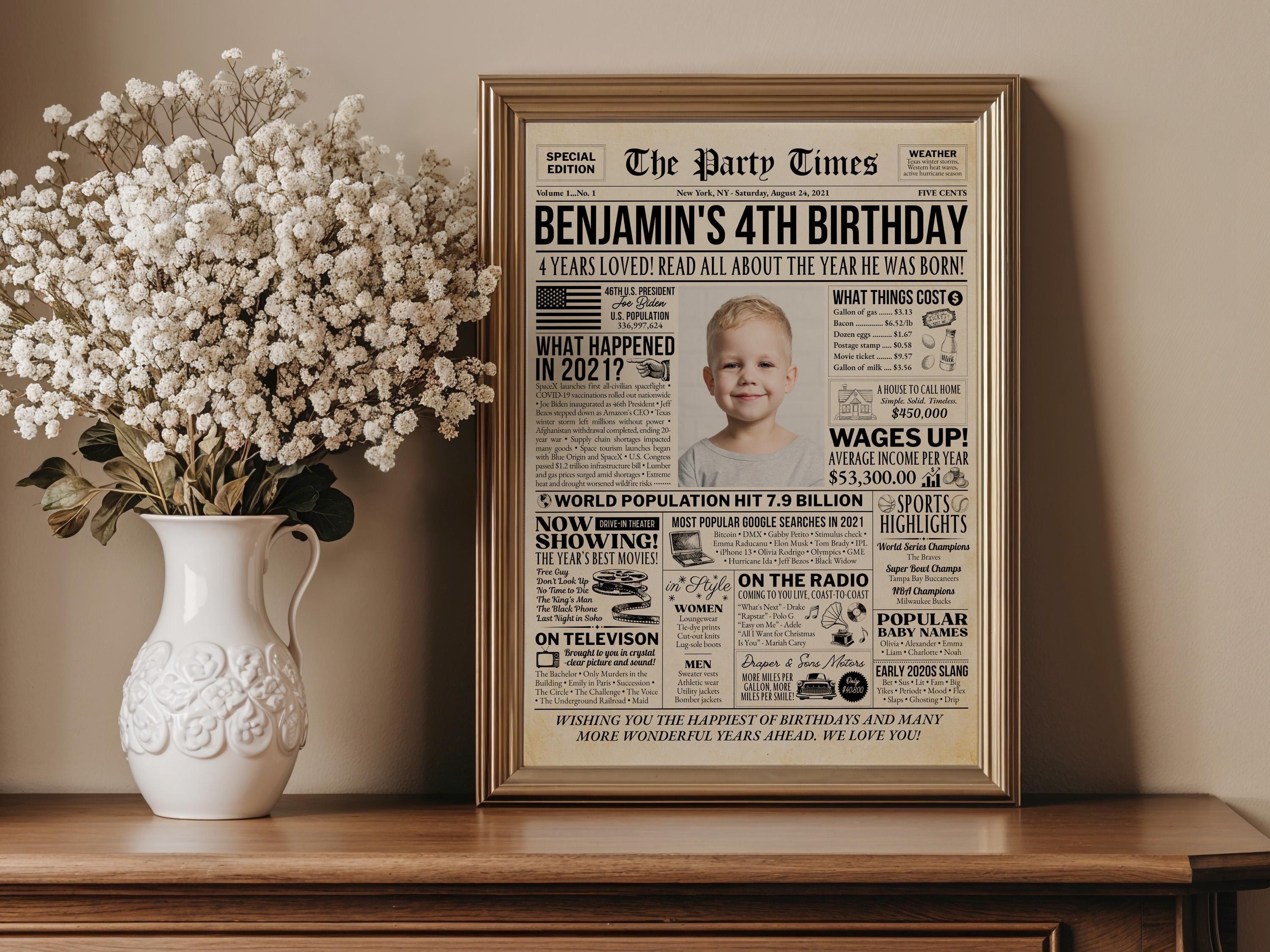 4th Birthday Newspaper Poster, Back in 2021 Sign, Editable 4 Years Loved, Born In Any Year, Photo Welcome Sign Printable, Edit With Canva