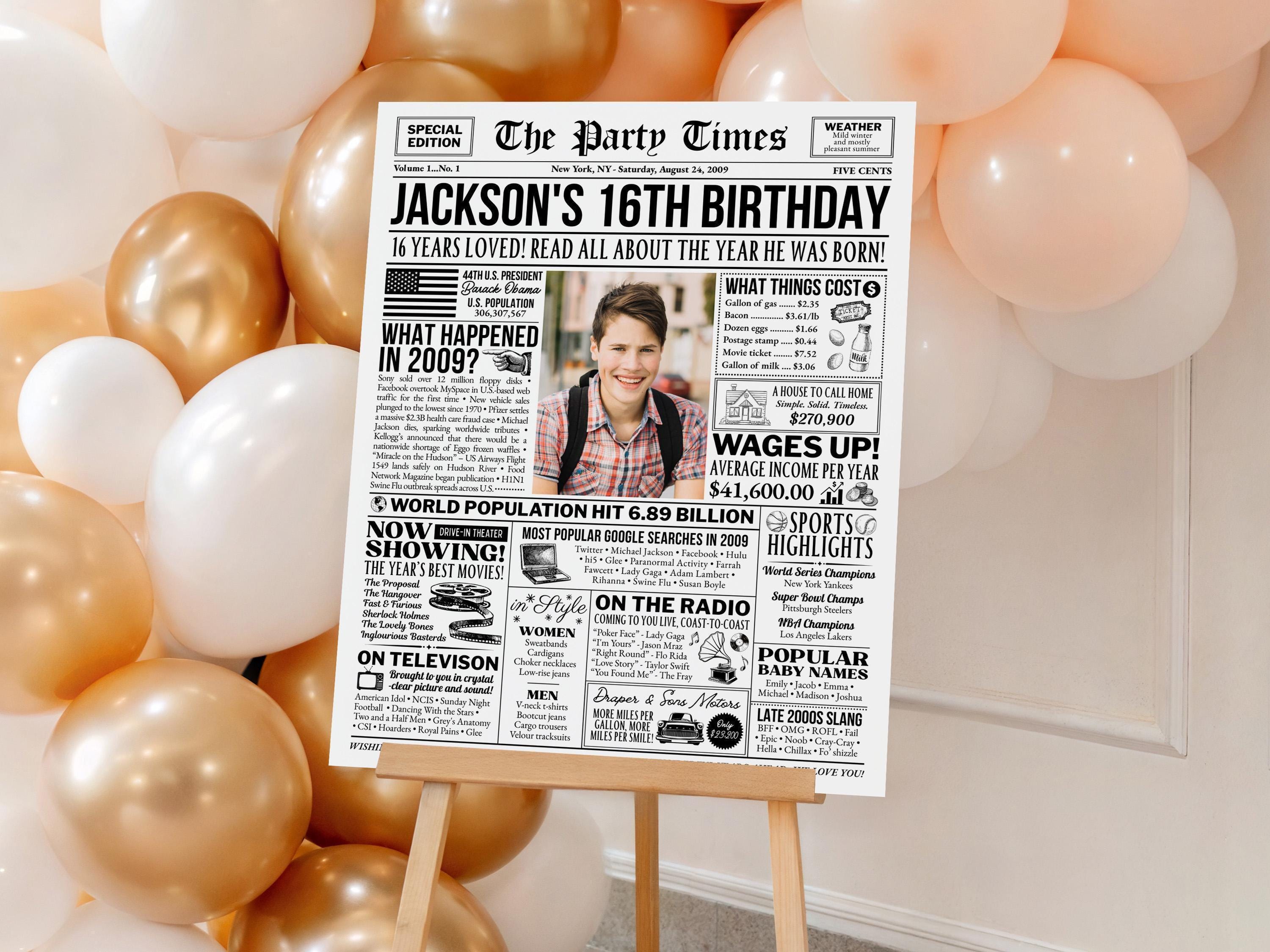 16th Birthday Newspaper Sign, Back in 2009 Vintage Poster, Sweet Sixteen Gift, 2009 USA Facts Party Decoration Print, Edit With Canva