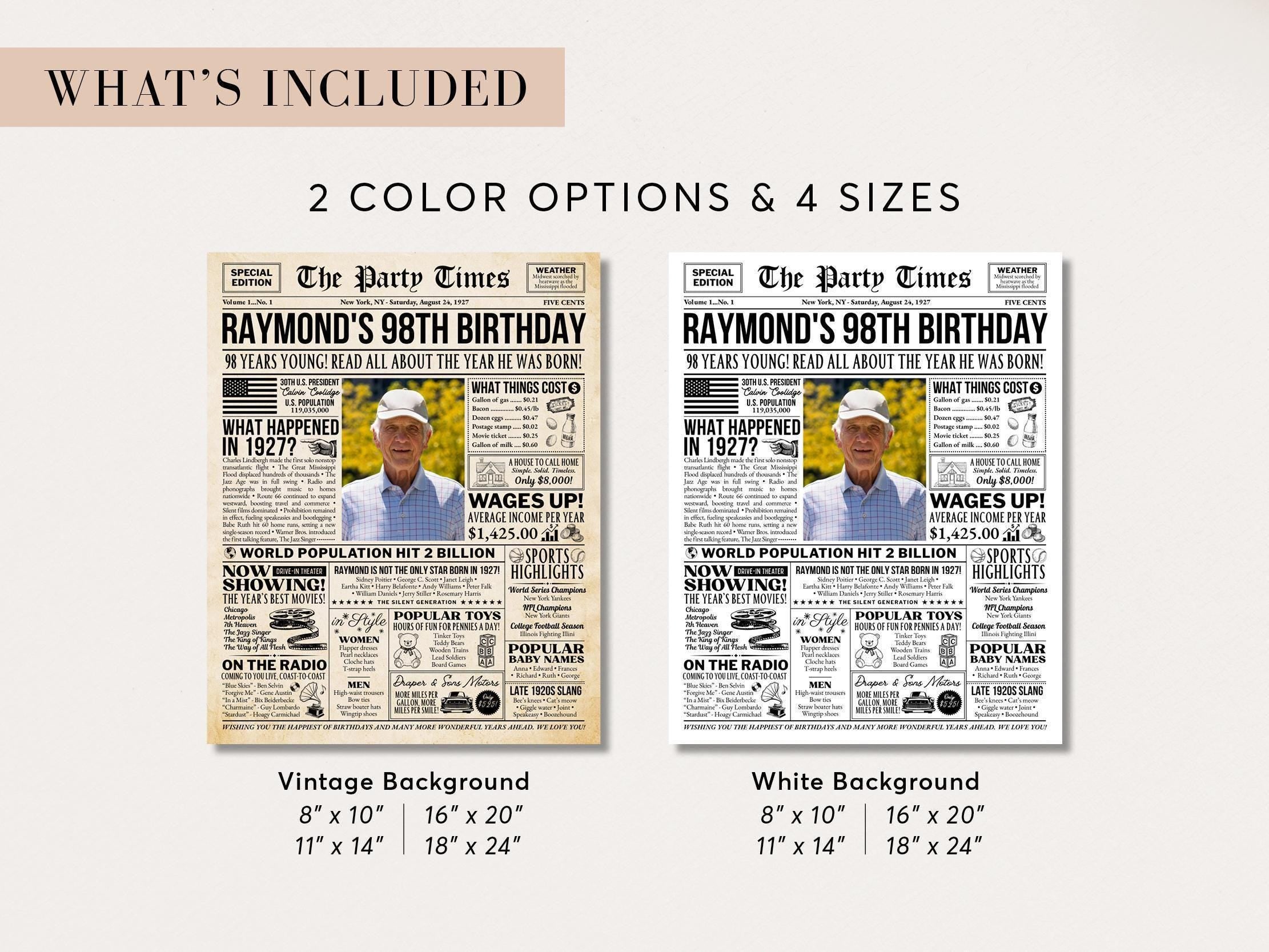 98th Birthday Gift, Back in 1927 Newspaper Poster, Unique Photo Welcome Sign Birthday Keepsake Printable, Edit With Canva