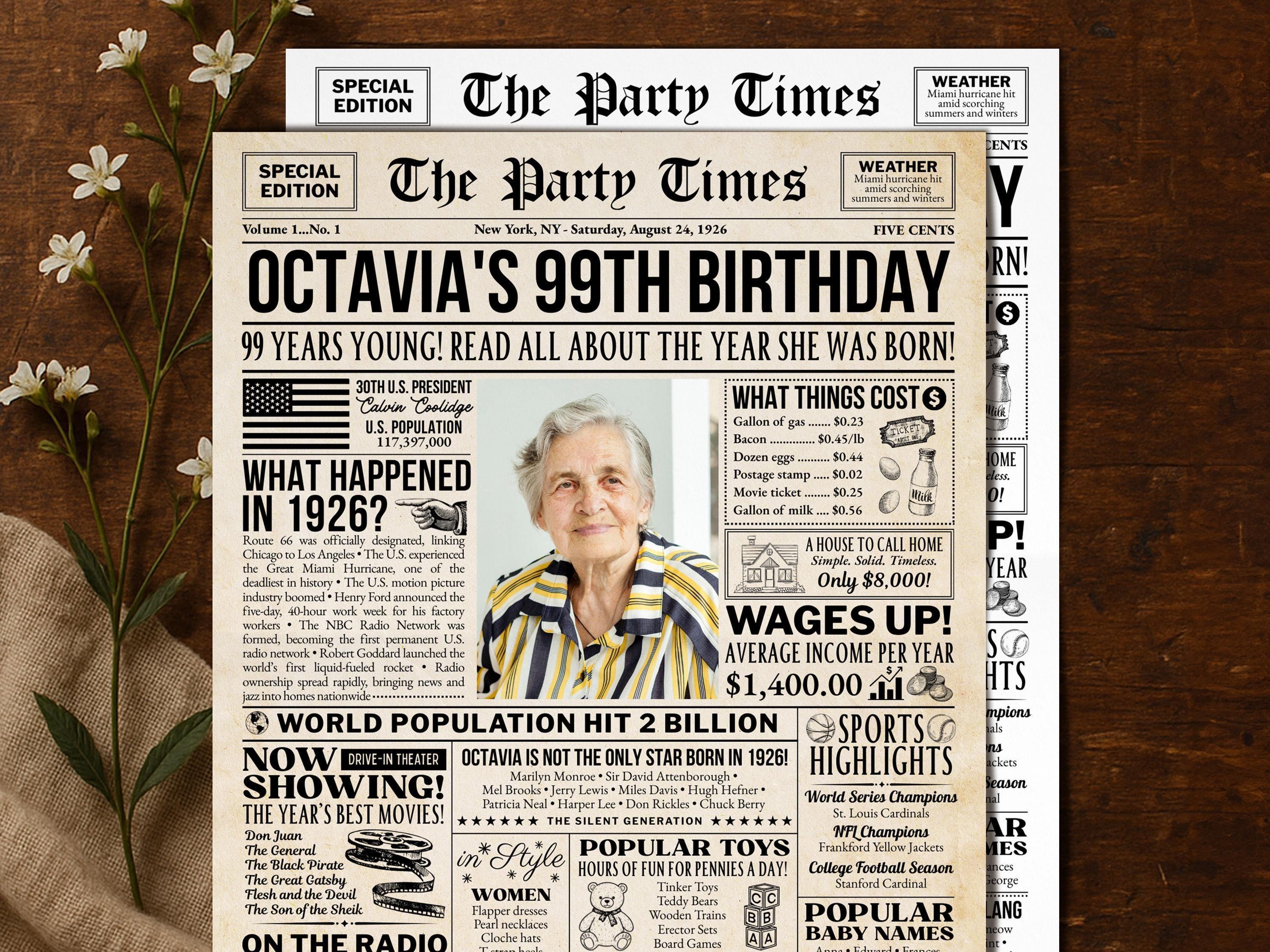99th Birthday Newspaper Poster Sign
