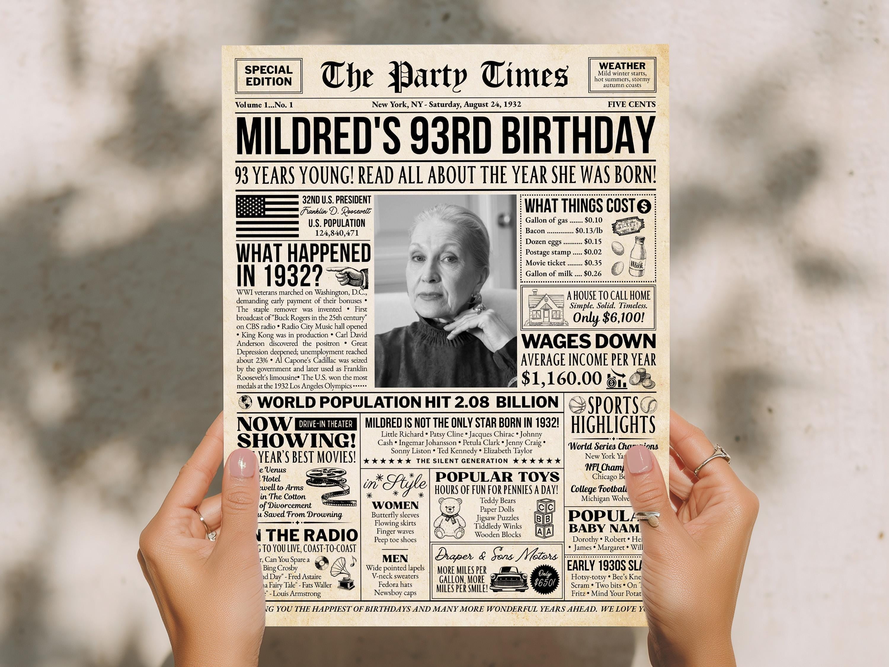 93rd Birthday Newspaper Poster Sign, Back in 1932 USA Fun Facts Party Sign, Editable Vintage Style Birthday Decoration, Edit With Canva
