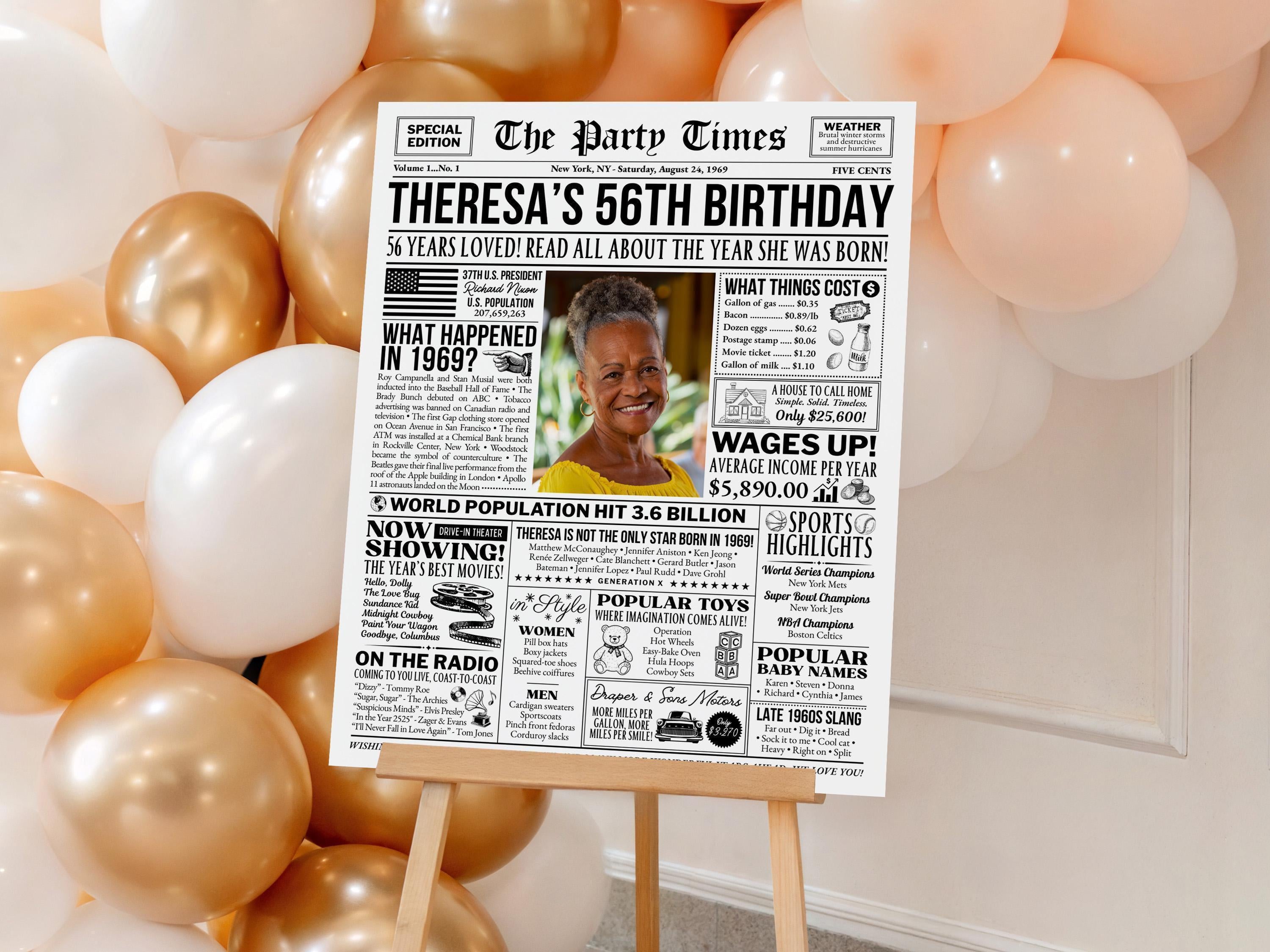 56th Birthday Newspaper Poster Sign, Back in 1969 Birthday Gift For Mom or Dad, Custom Nostalgic Keepsake Printable DIY, Edit With Canva