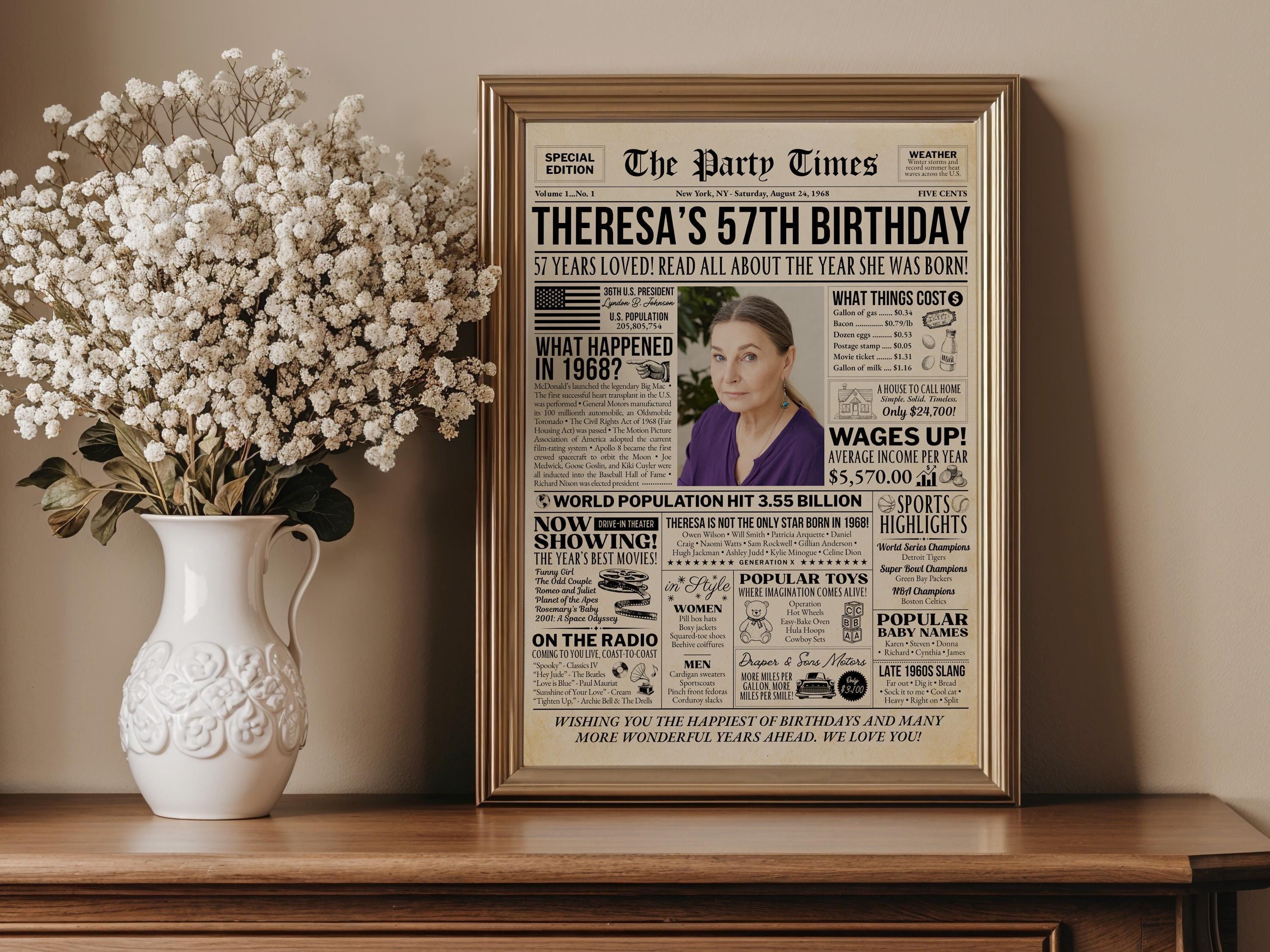 57th Birthday Newspaper Poster Sign, Back in 1968 USA Facts, Editable 57 Years Ago Vintage Style Birthday Party Decoration, Edit With Canva